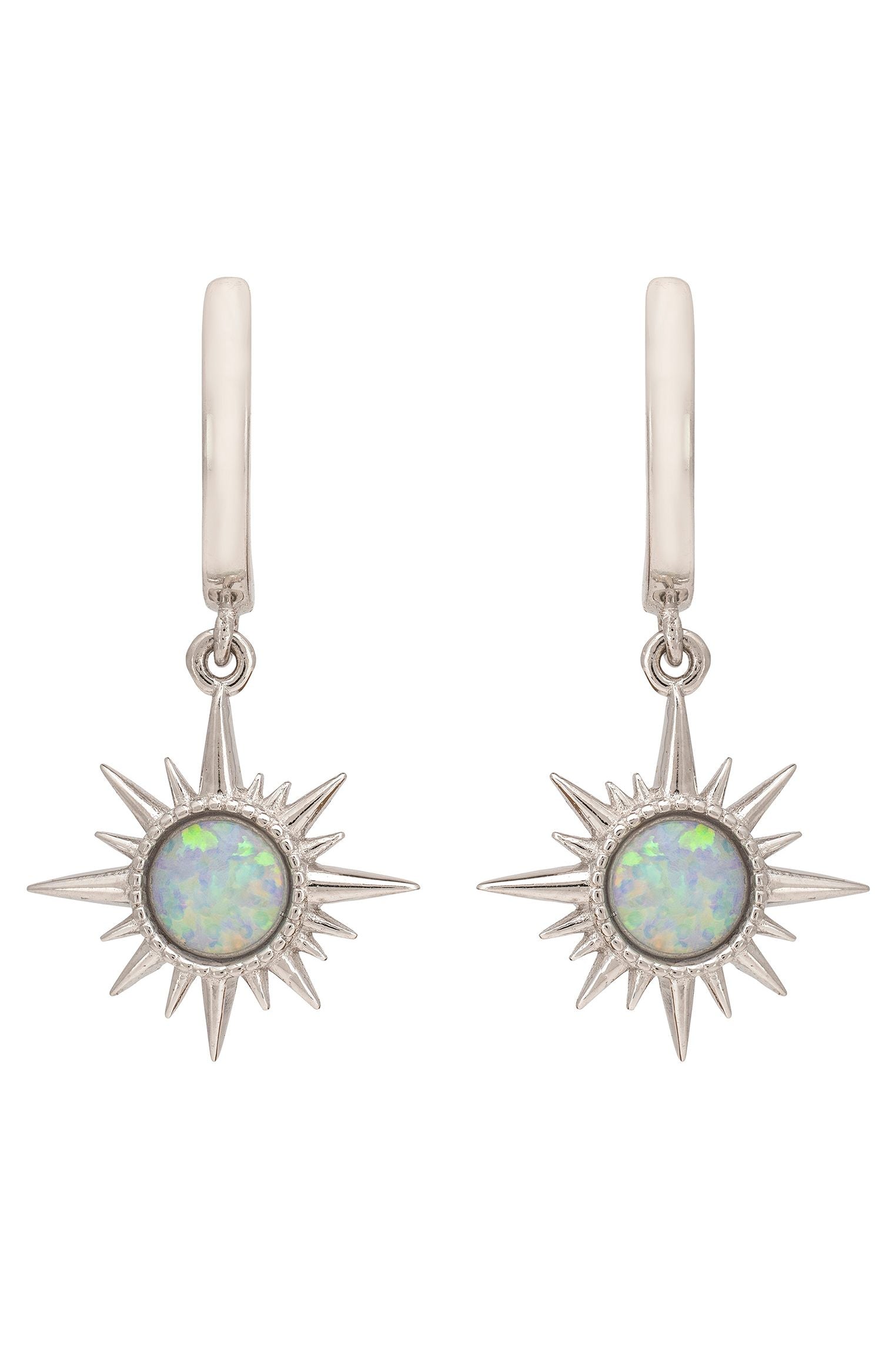 Apollo White Opal Starburst Huggie Hoop Earrings Silver