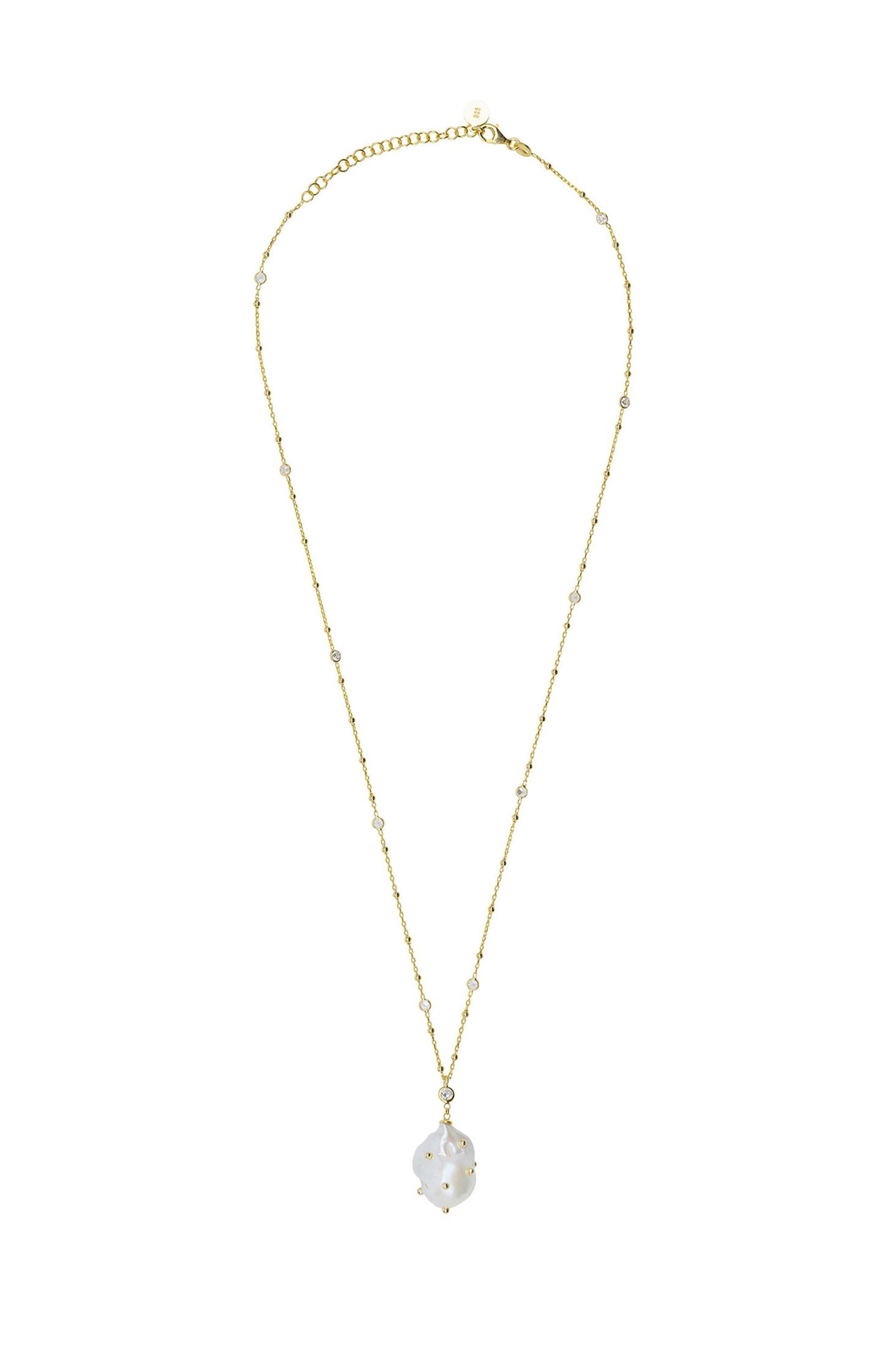 Angled view of Polka Dot Baroque Pearl Pendant Necklace Gold Cz, showing baroque pearl and pearl detailing, gold finish and the jewellery profile.