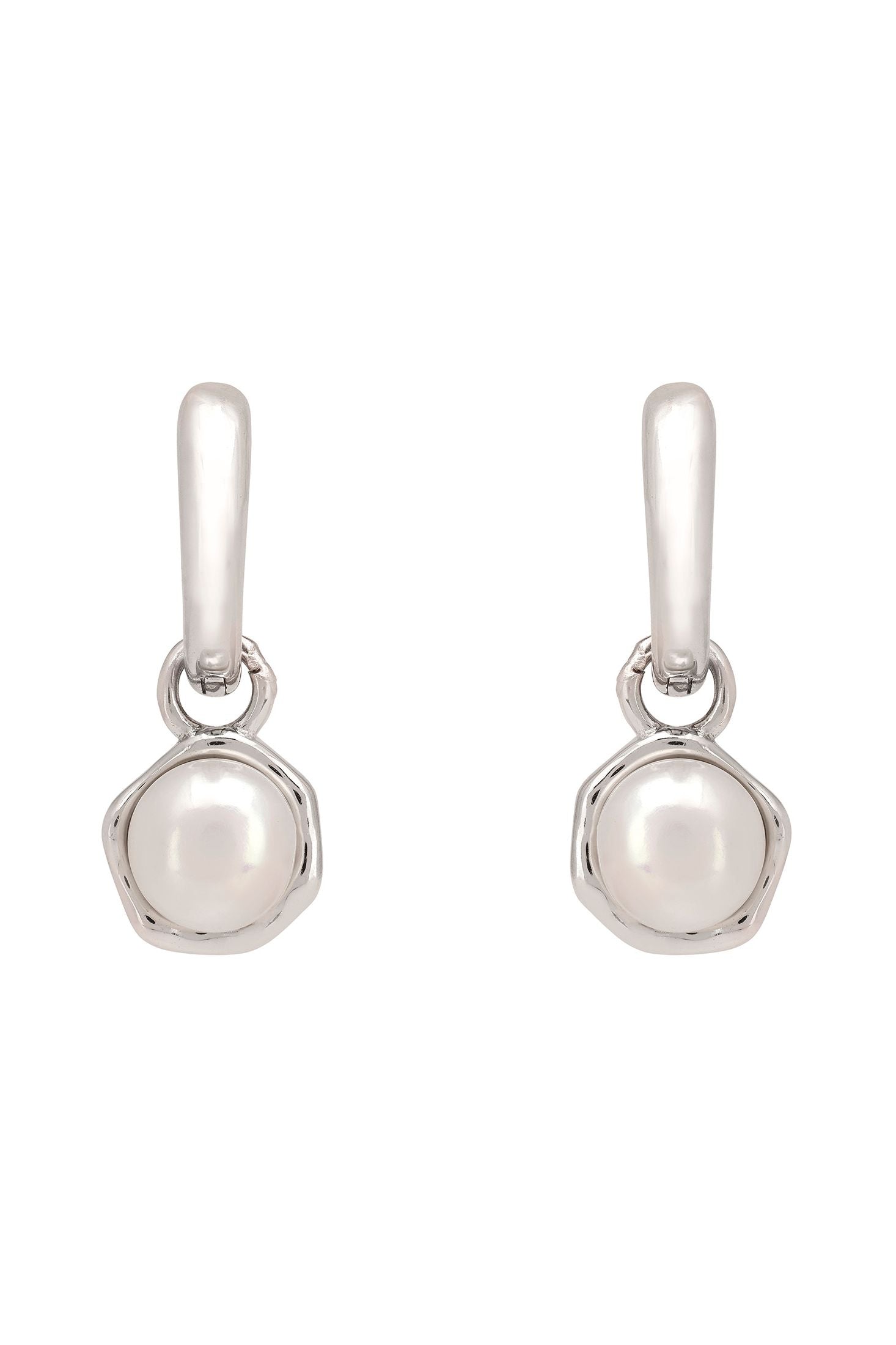 Pair of silver earrings with round pearls on a white background