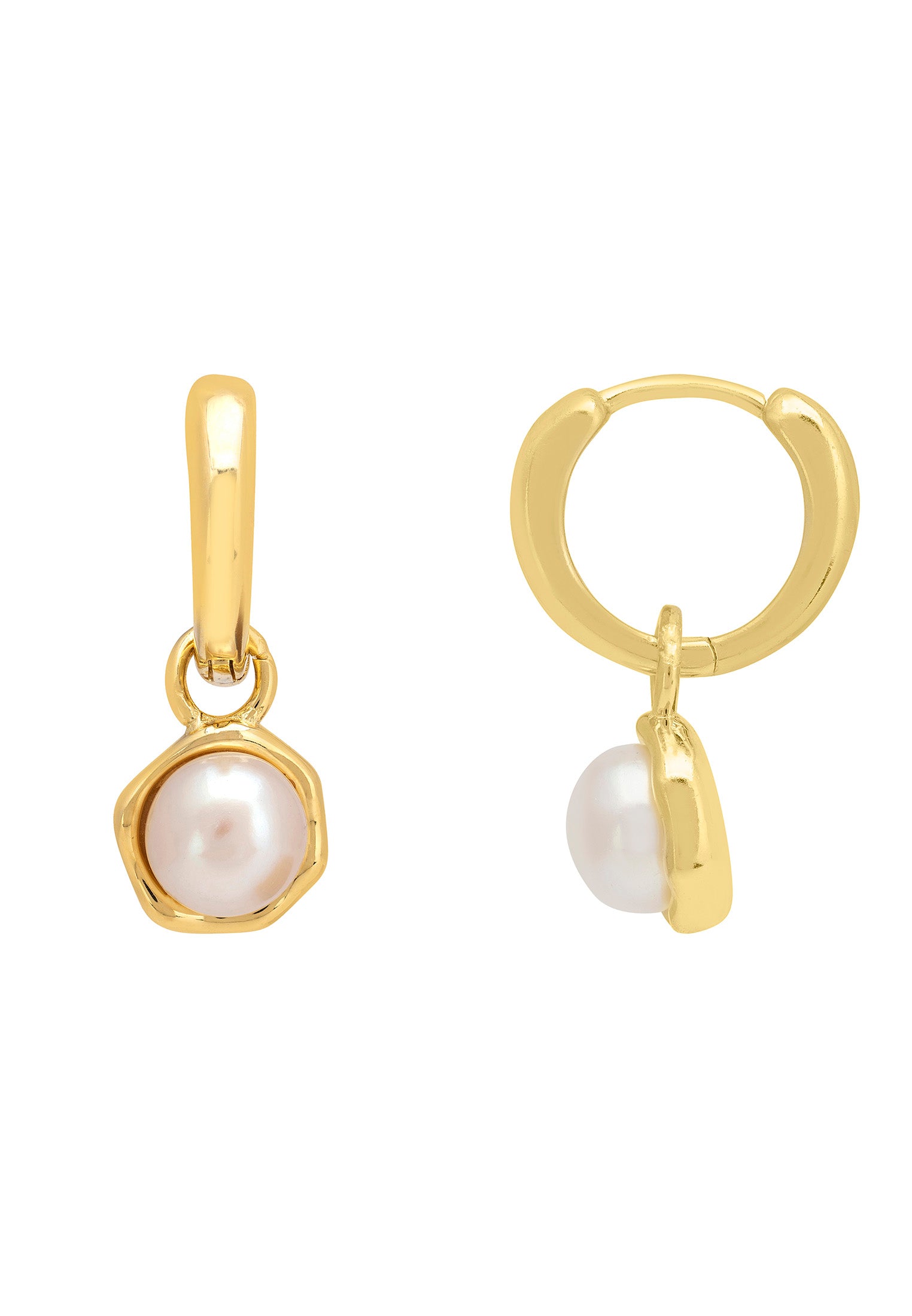 Gold hoop earrings with pearl drops on a white background