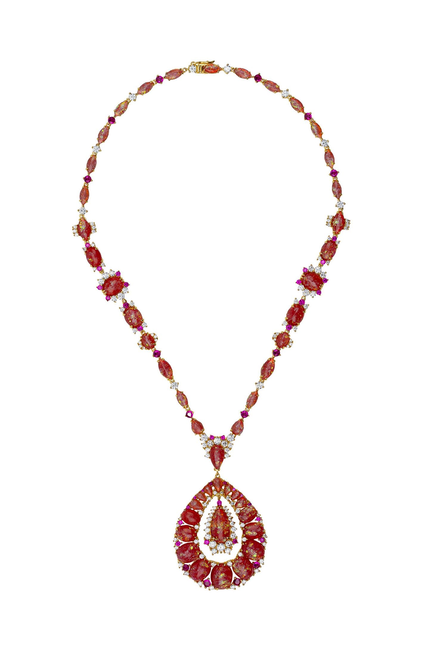 Angled view of Paloma Pink Opal Statement Necklace Gold, showing gold finish and the jewellery profile.