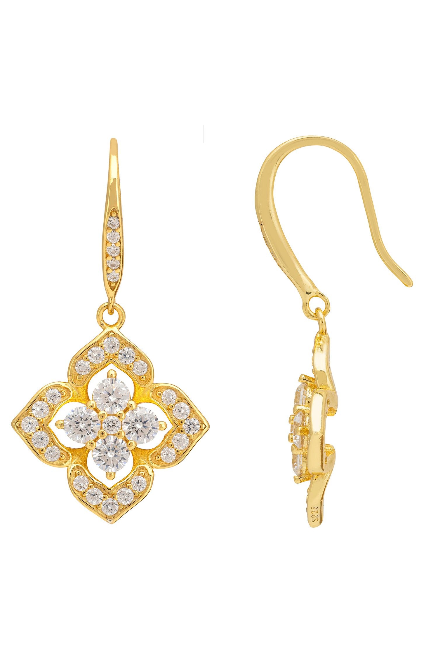 Pointed Cz Clover Flower Drop Earrings Gold