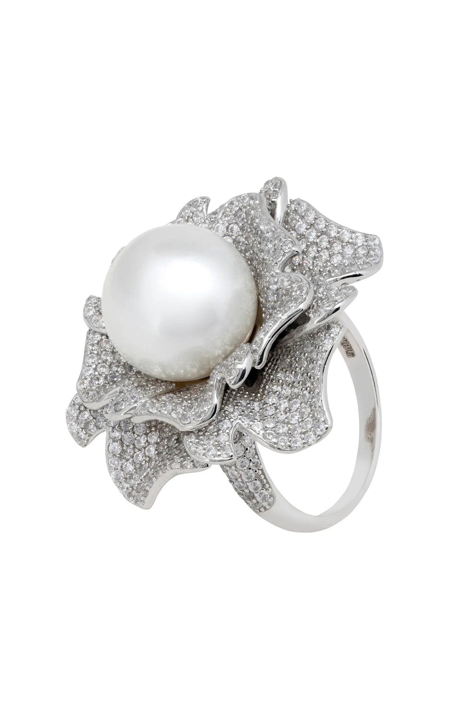 Diamond rose ring with a pearl center.