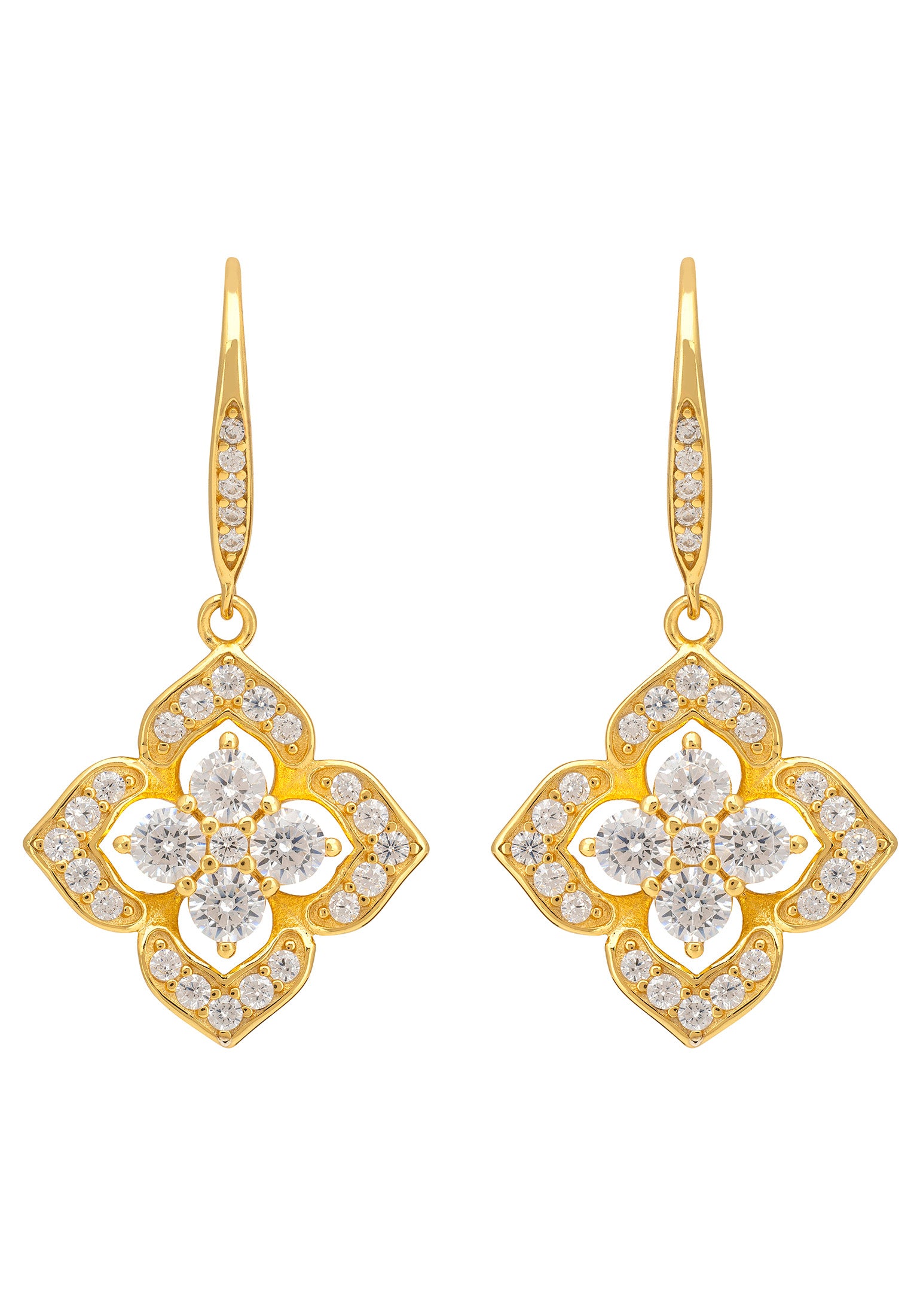 18k gold plated delicate clover drop earrings with cubic zirconia.