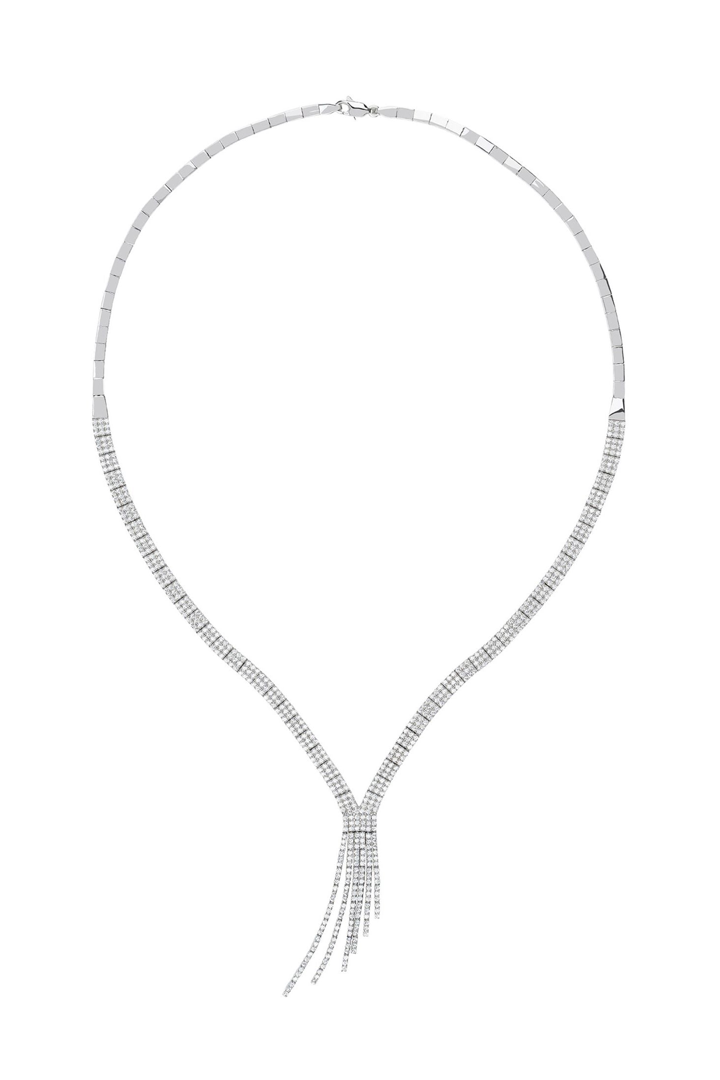 Angled view of Charleston Statement Art Deco Tennis Necklace Silver, showing silver finish and the jewellery profile.