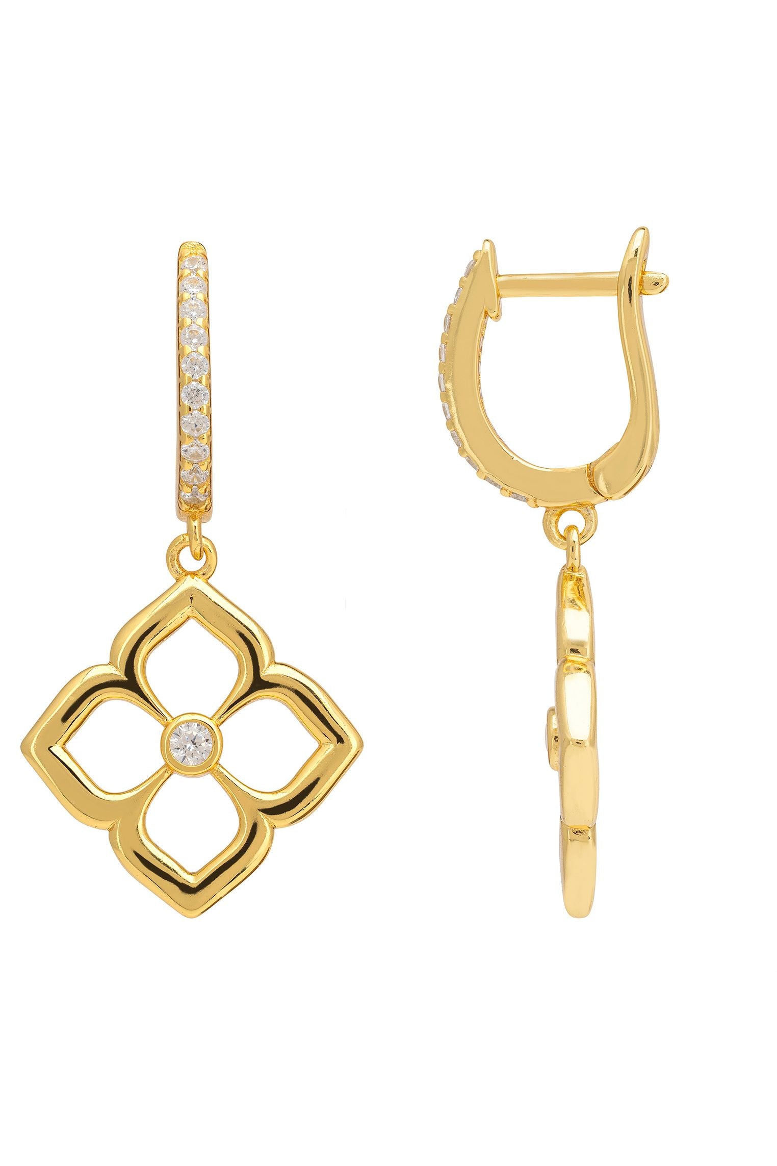 Open Pointed Clover Flower Drop Earrings Gold