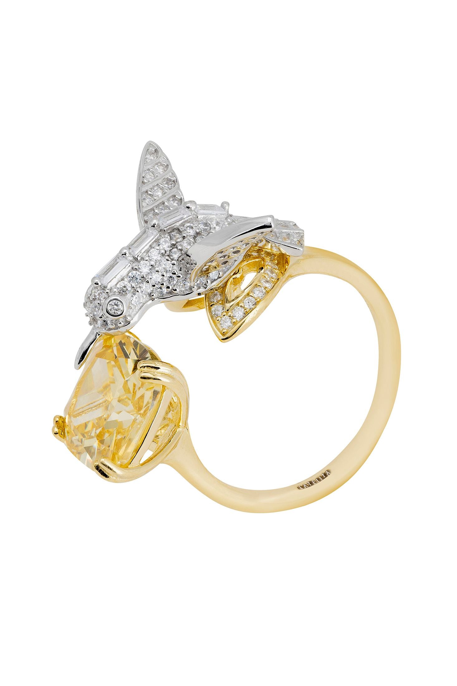 Silver hummingbird and yellow topaz gold ring.