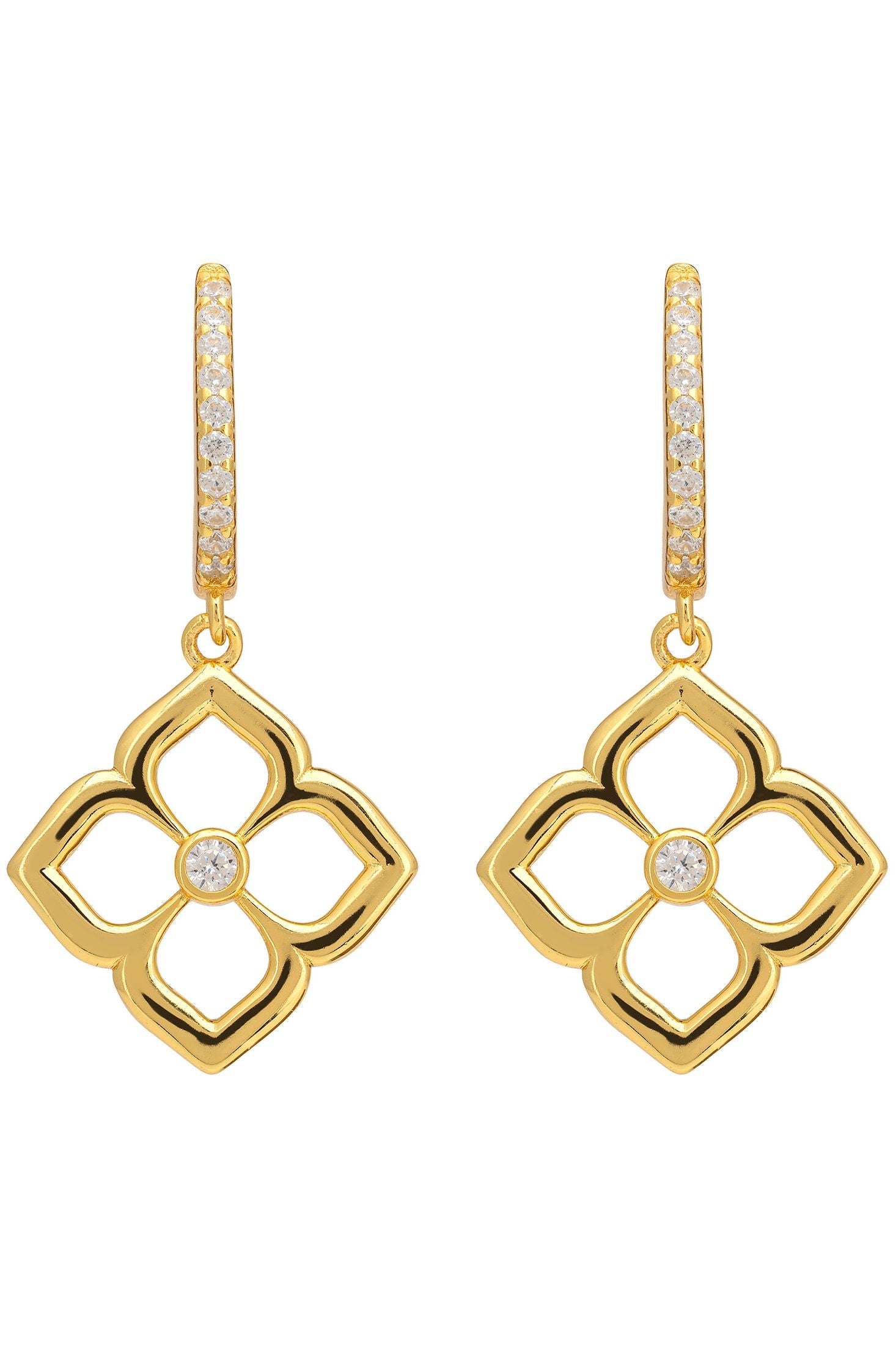 18k gold plated open clover drop earrings with cubic zirconia.