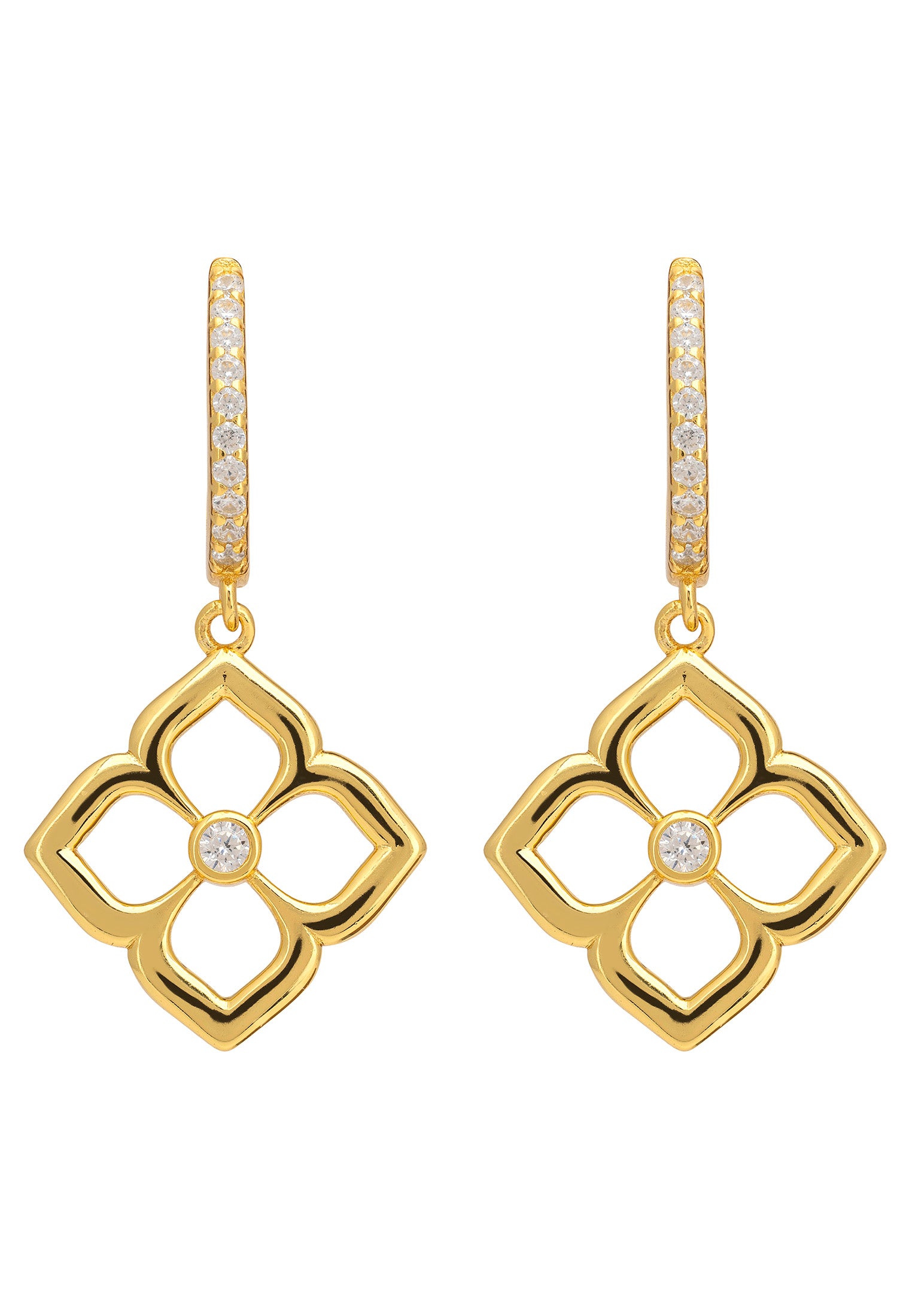 18k gold plated open clover drop earrings with cubic zirconia.