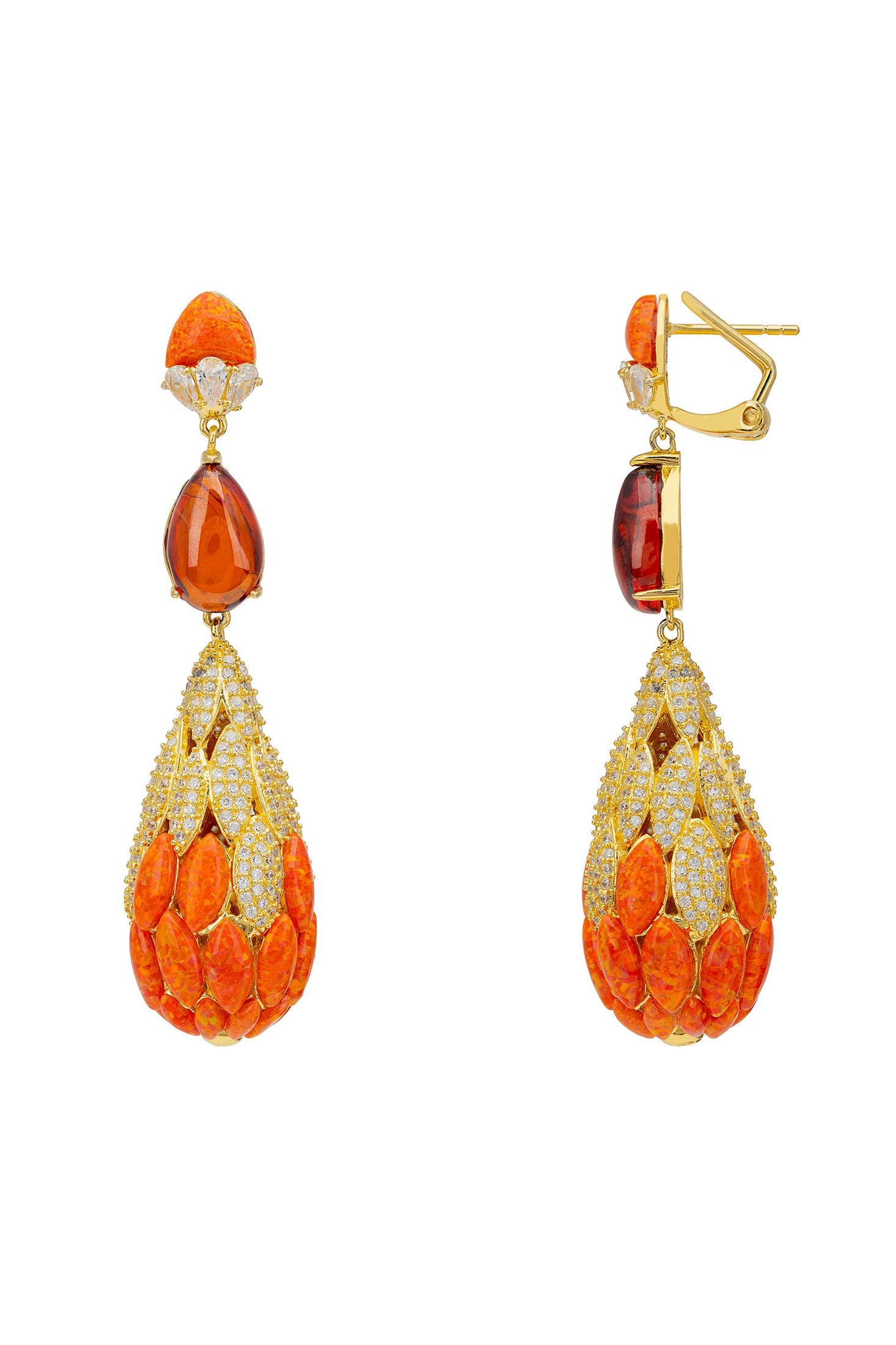 Angled view of Carmen Fire Opal Drop Earrings Gold, showing gold finish and the jewellery profile.