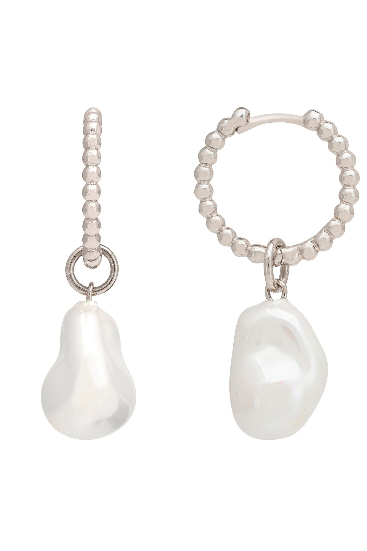 Pearl earrings with beaded chains on a white background