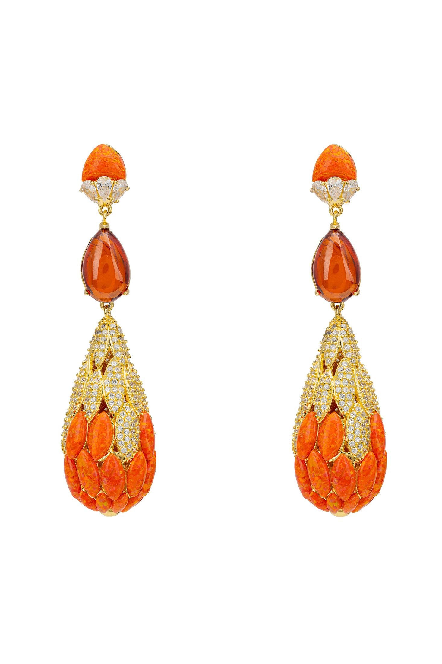 Front view of Carmen Fire Opal Drop Earrings Gold, showing cat design, cubic zirconia and zirconia detailing, gold finish.