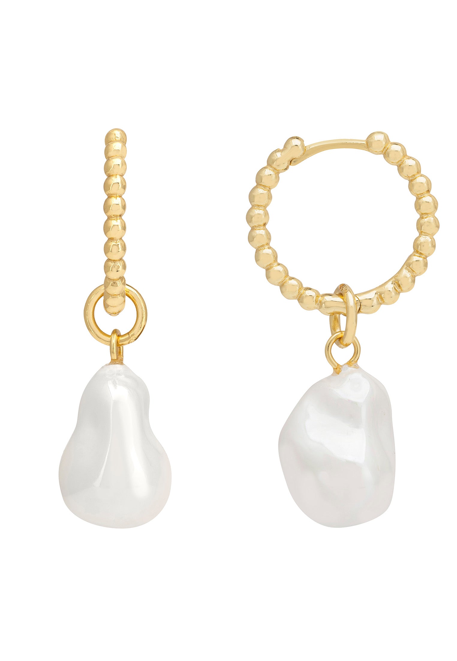 Pair of earrings with gold loops and white pearls on a white background