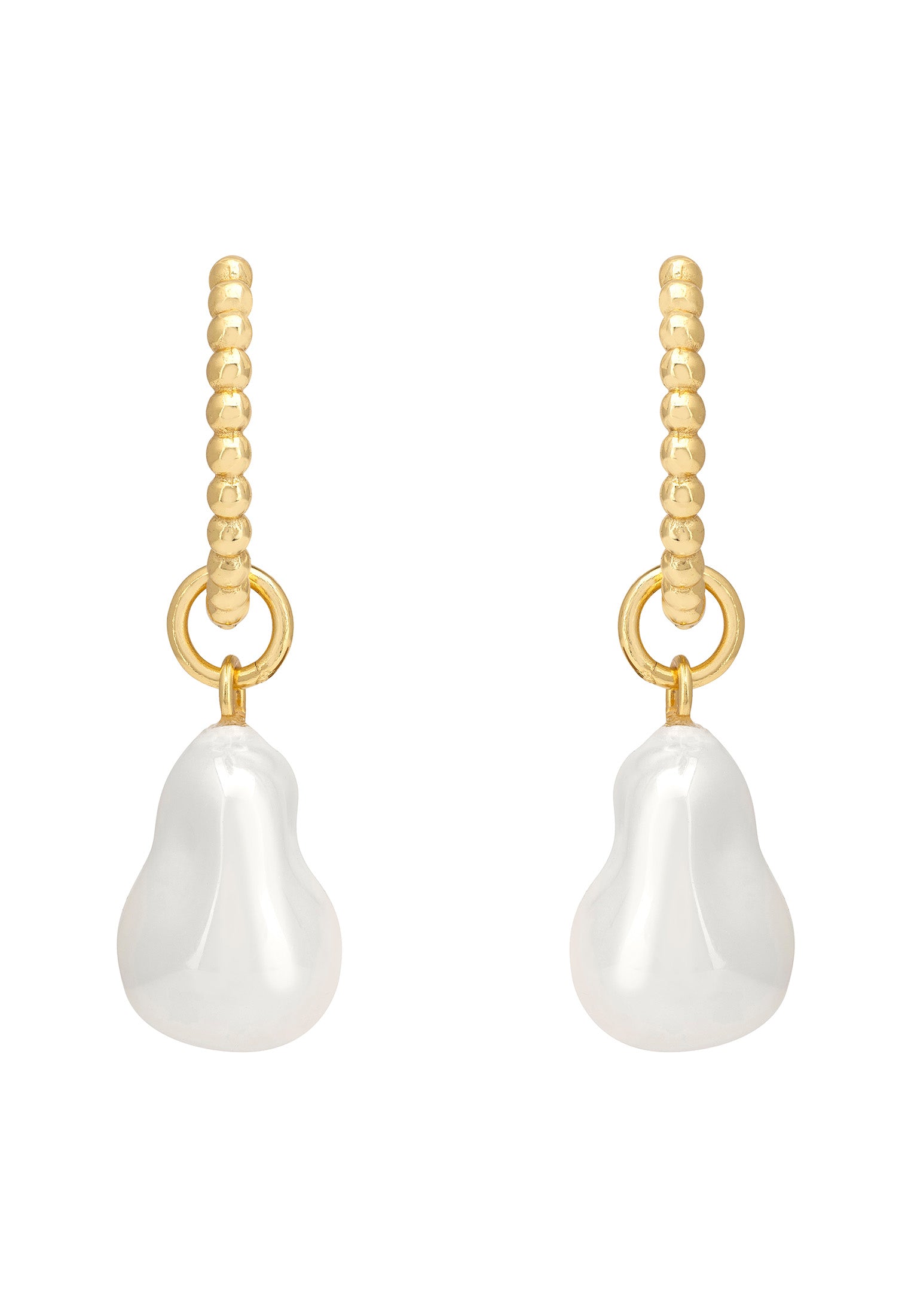 Gold earrings with pearl drops on a white background