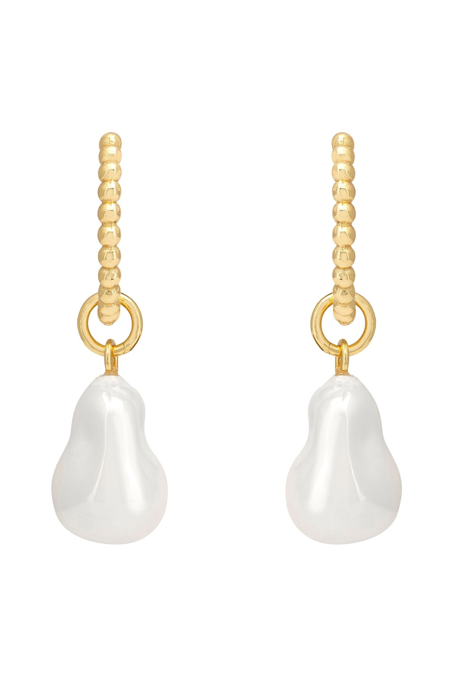 Gold earrings with pearl drops on a white background