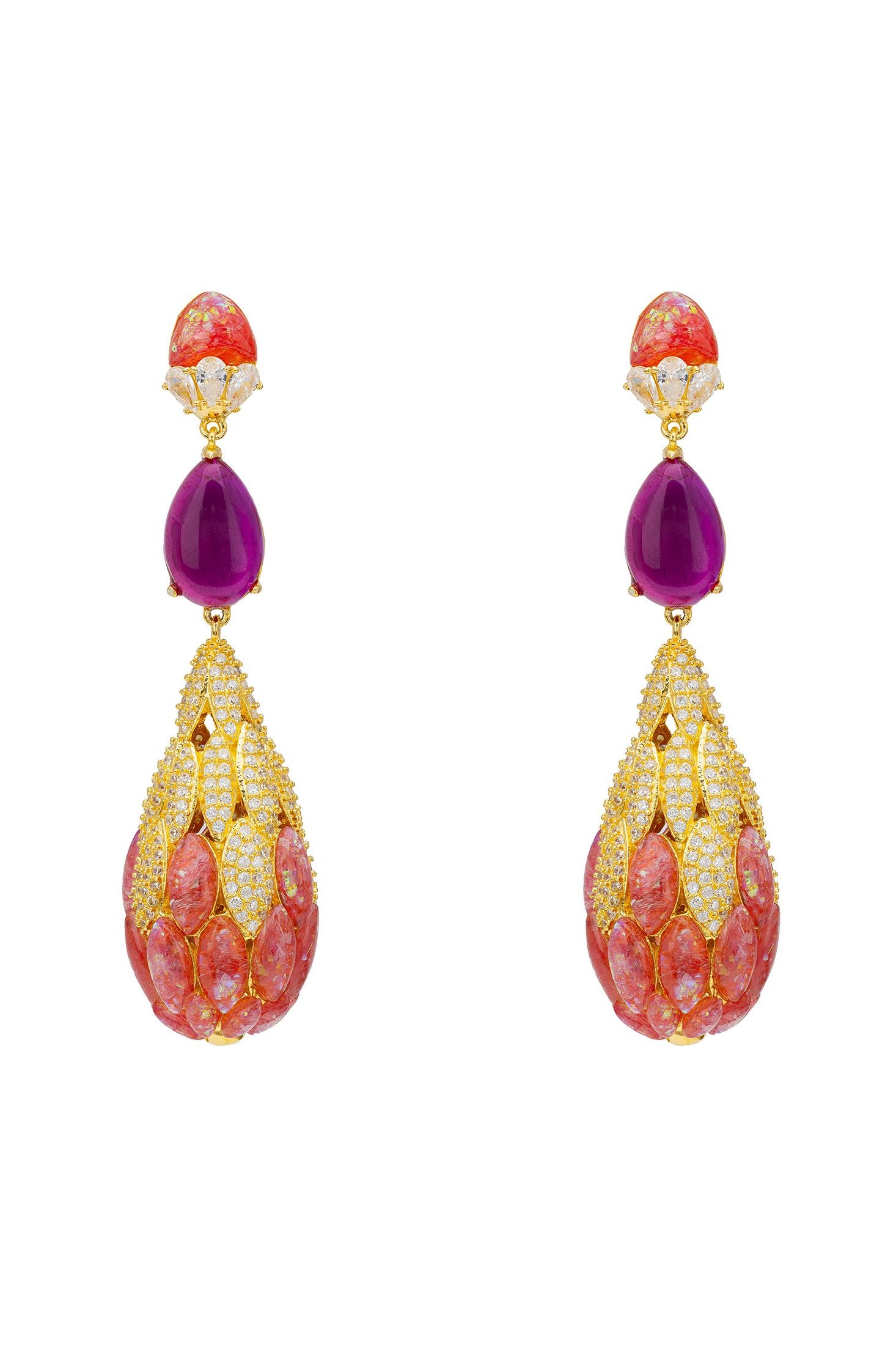 Front view of Carmen Pink Opal Drop Earrings Gold, showing cat design, cubic zirconia and zirconia detailing, gold finish.