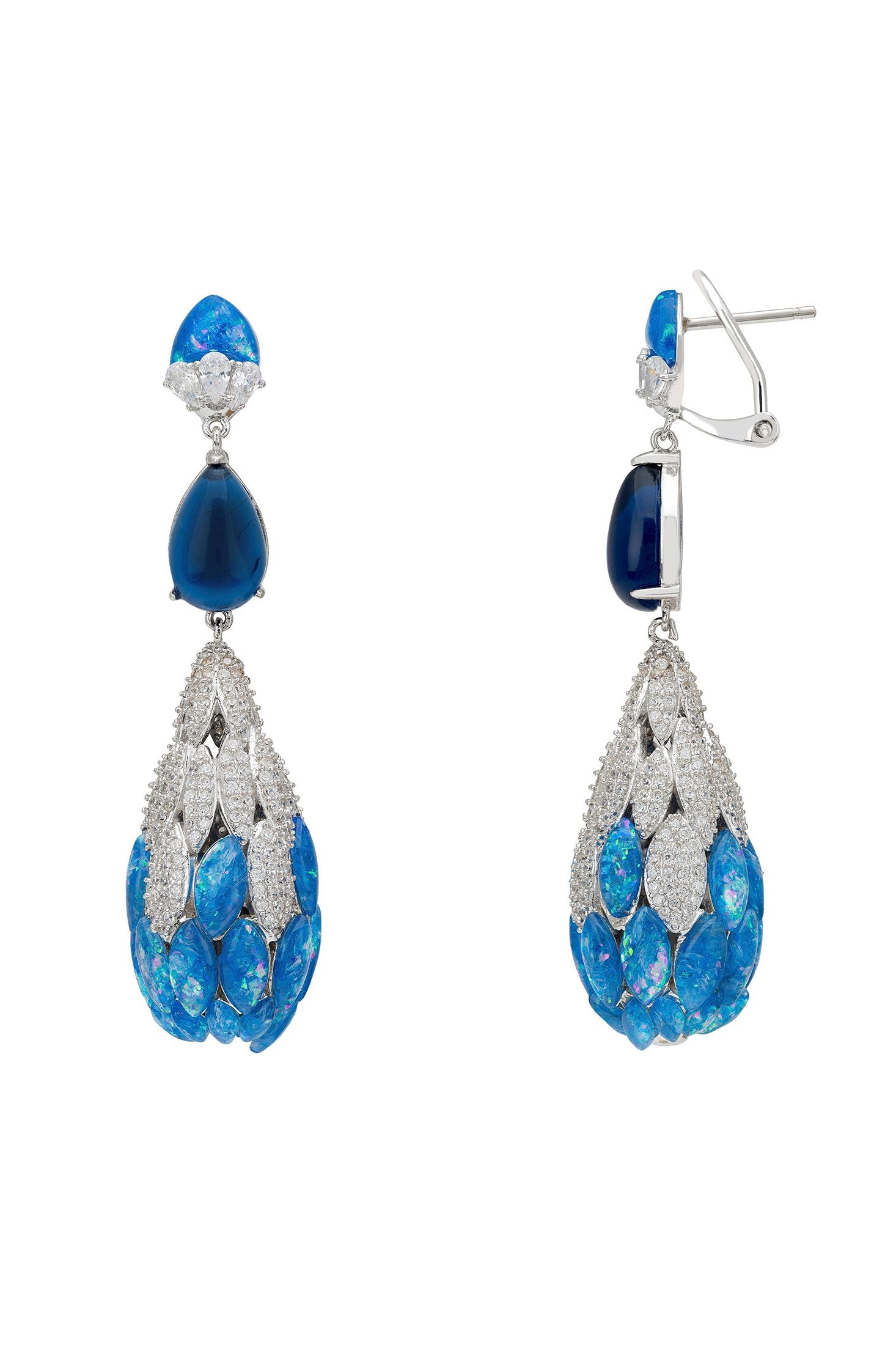 Angled view of Carmen Blue Opal Drop Earrings Silver, showing silver finish and the jewellery profile.