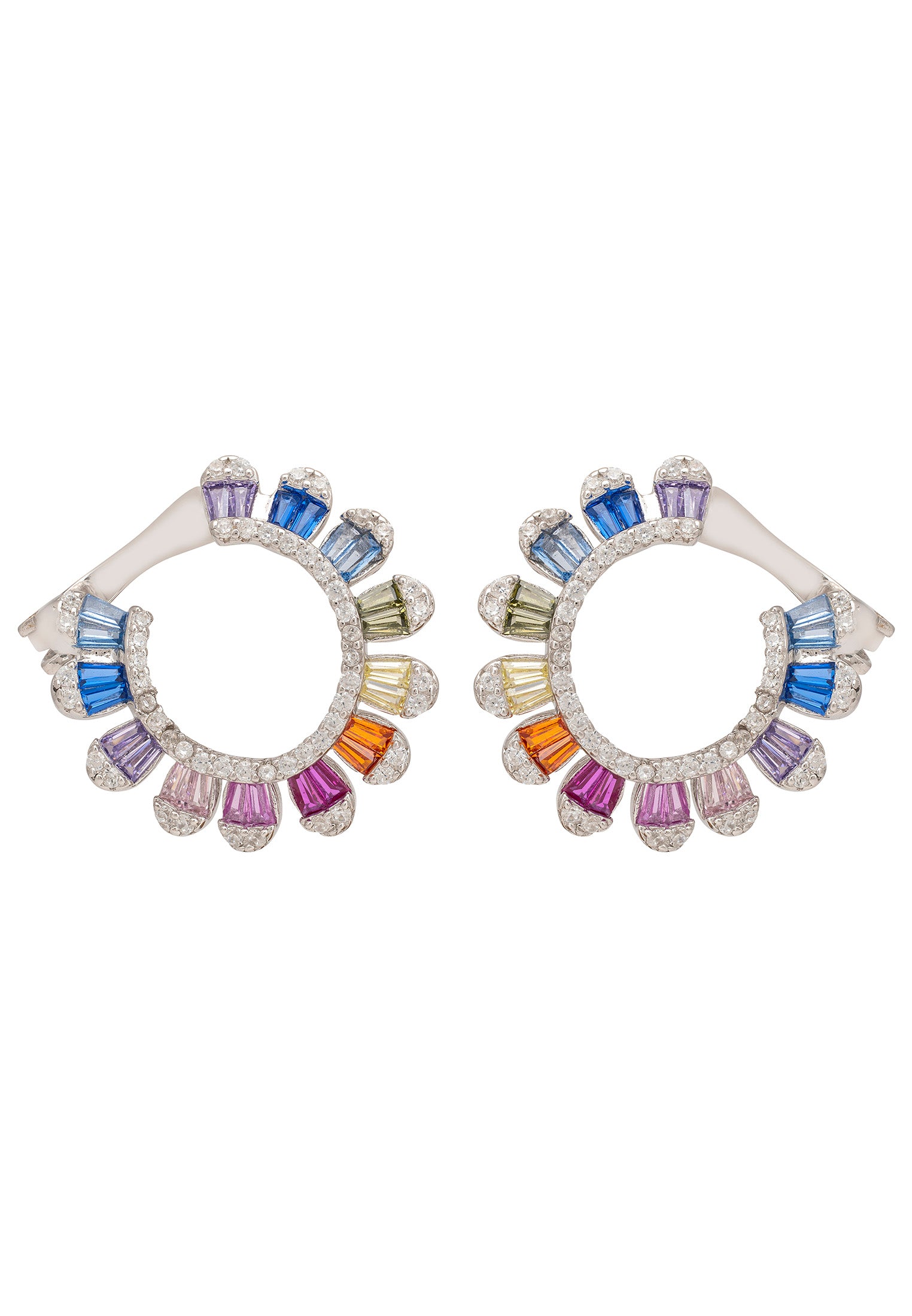 Multicolored gemstone earrings on a white background