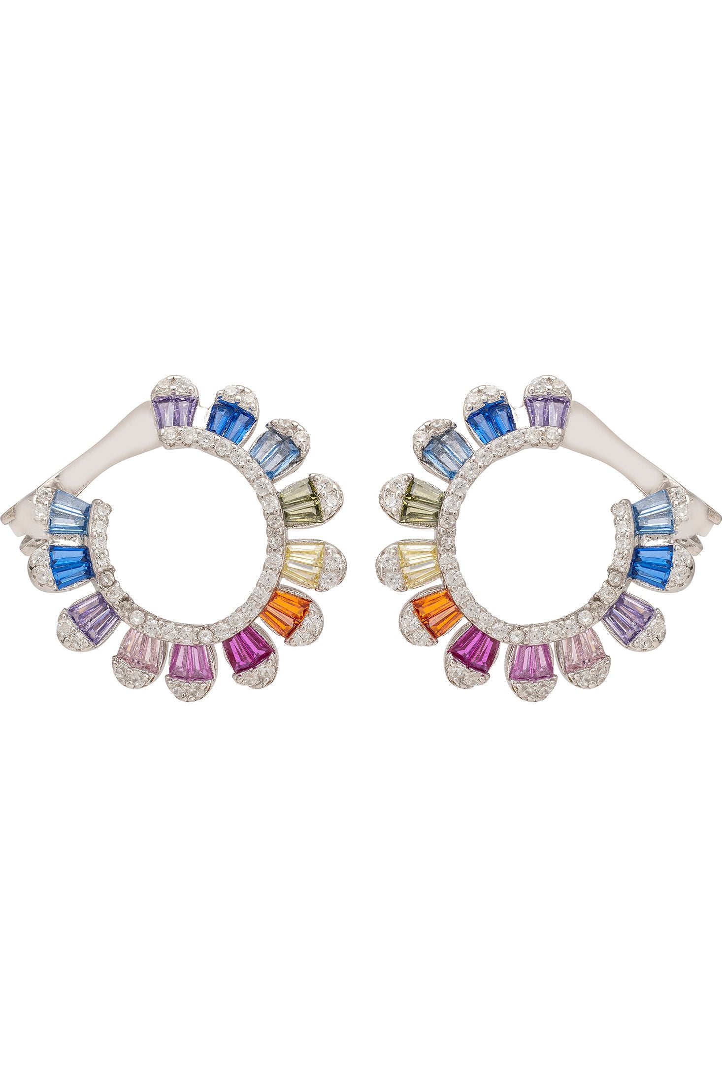 Multicolored gemstone earrings on a white background