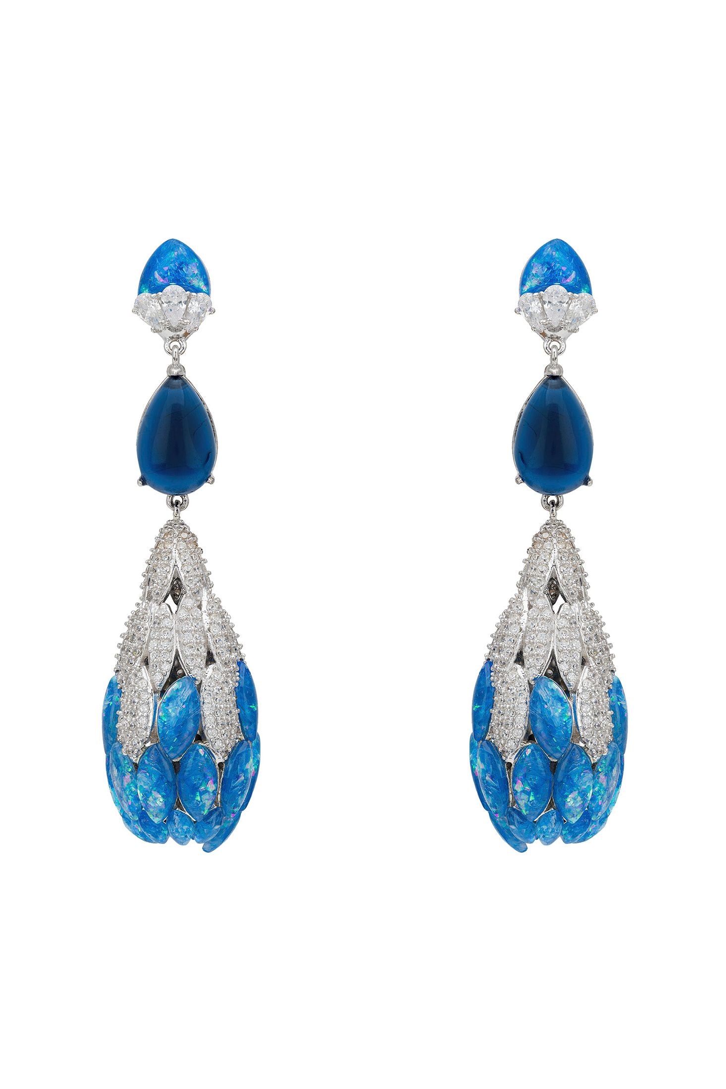 Front view of Carmen Blue Opal Drop Earrings Silver, showing moon design, cubic zirconia and zirconia detailing, silver finish.