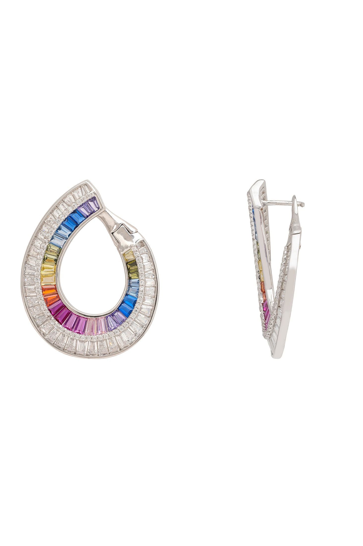 Multicolored hoop earrings on a white background