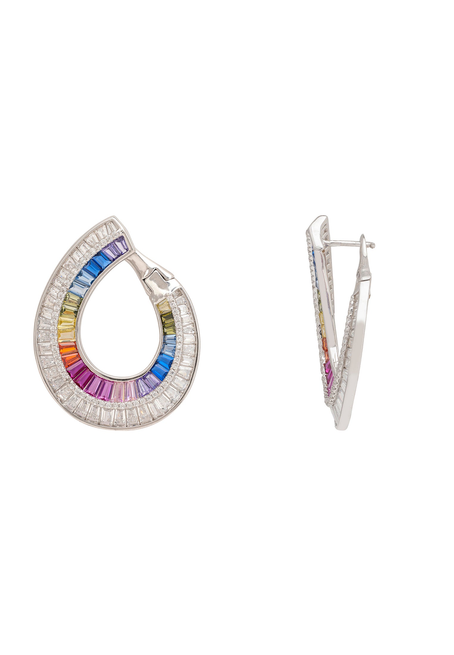 Multicolored hoop earrings on a white background