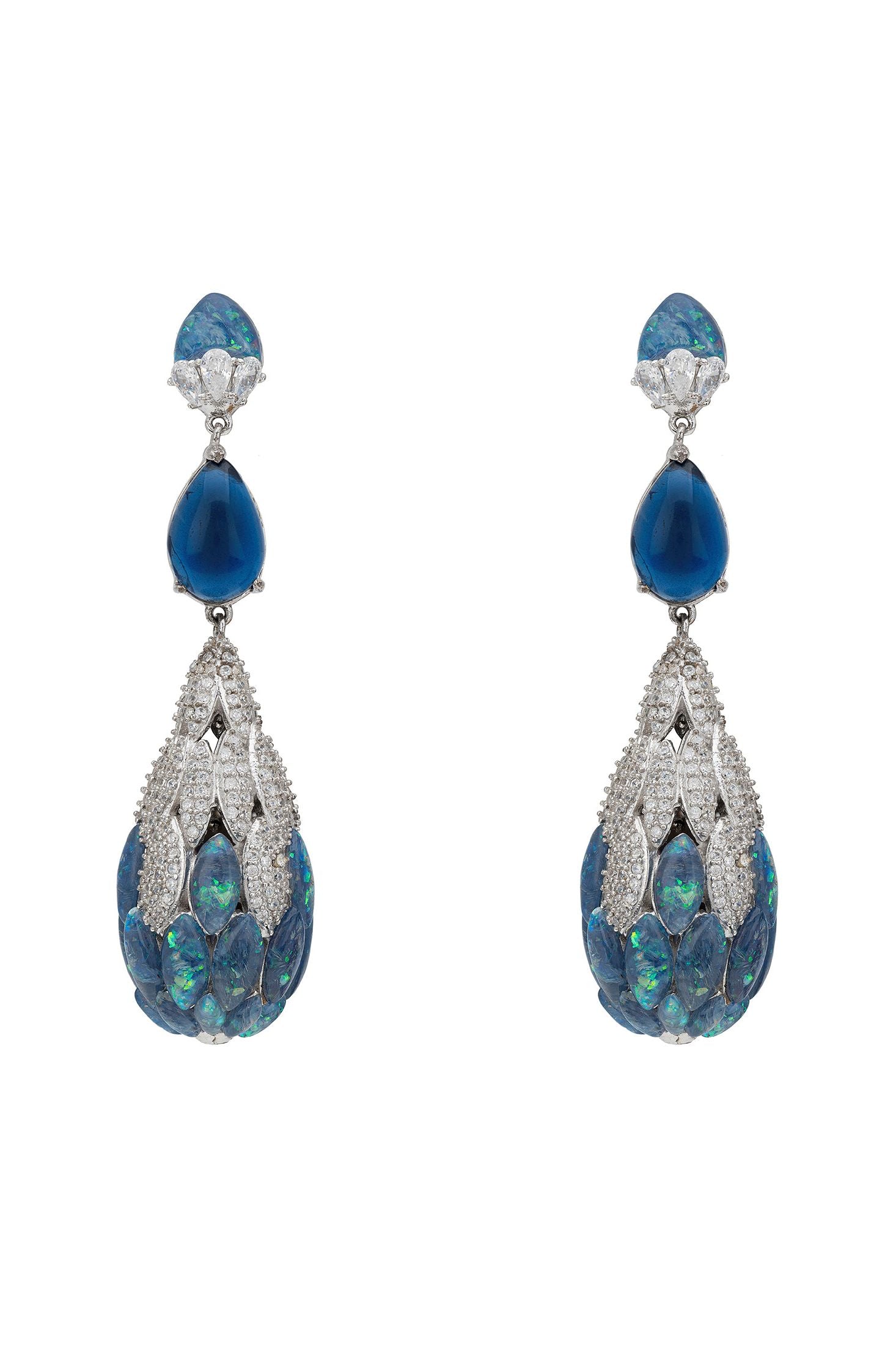 Front view of Carmen Green Opal Drop Earrings Silver, showing feather design, cubic zirconia and zirconia detailing, silver finish.