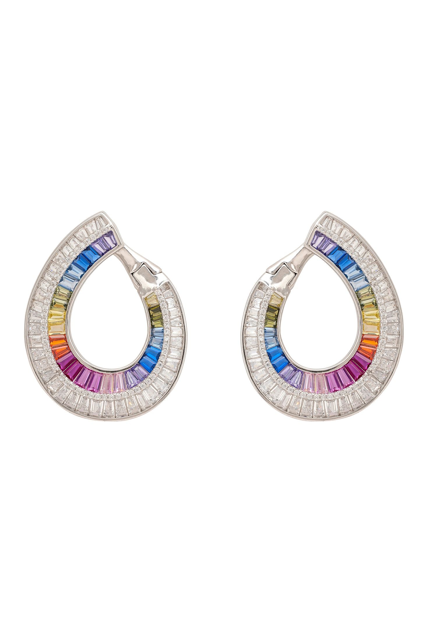 Pair of hoop earrings with colorful gemstones on a white background