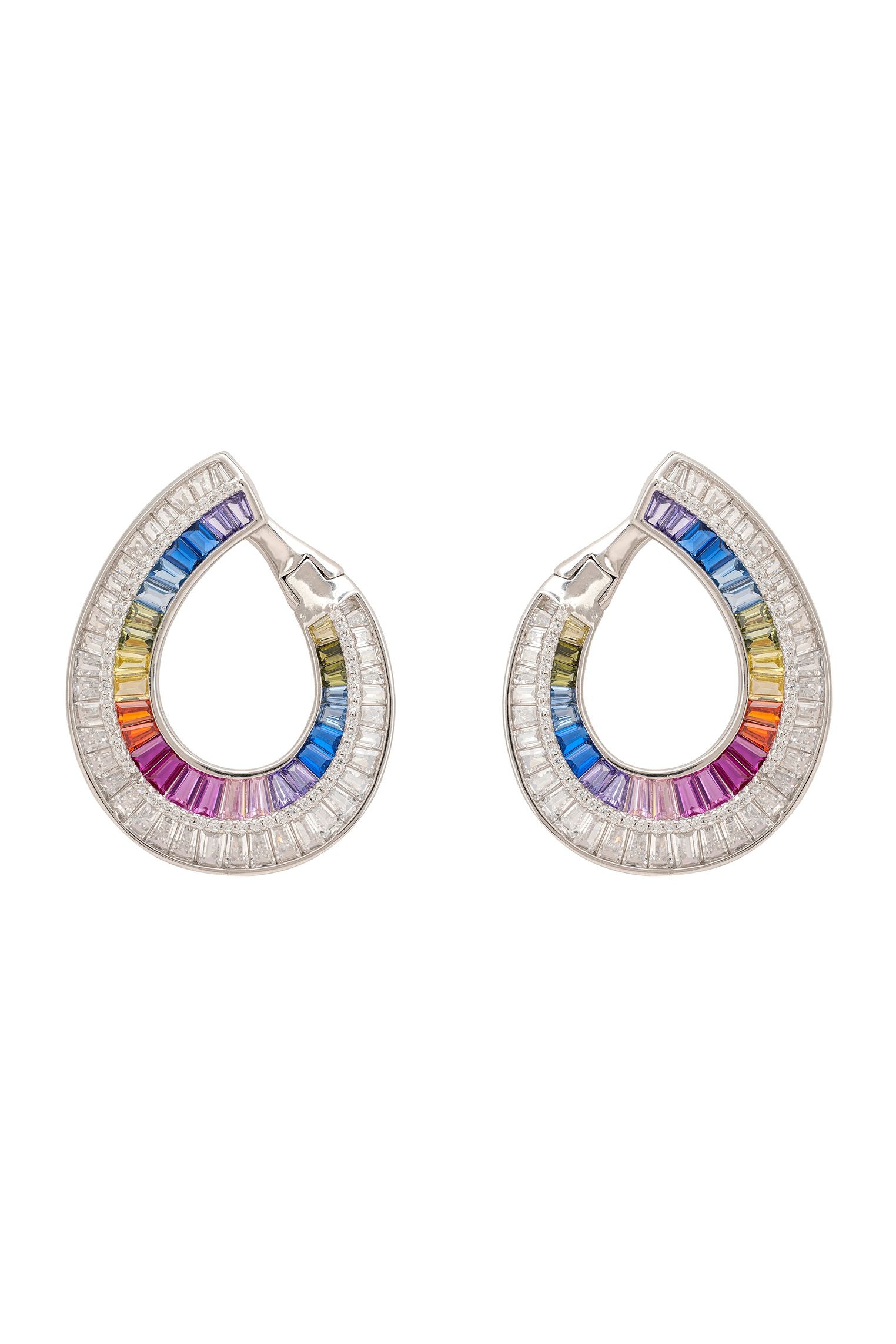 Pair of hoop earrings with colorful gemstones on a white background