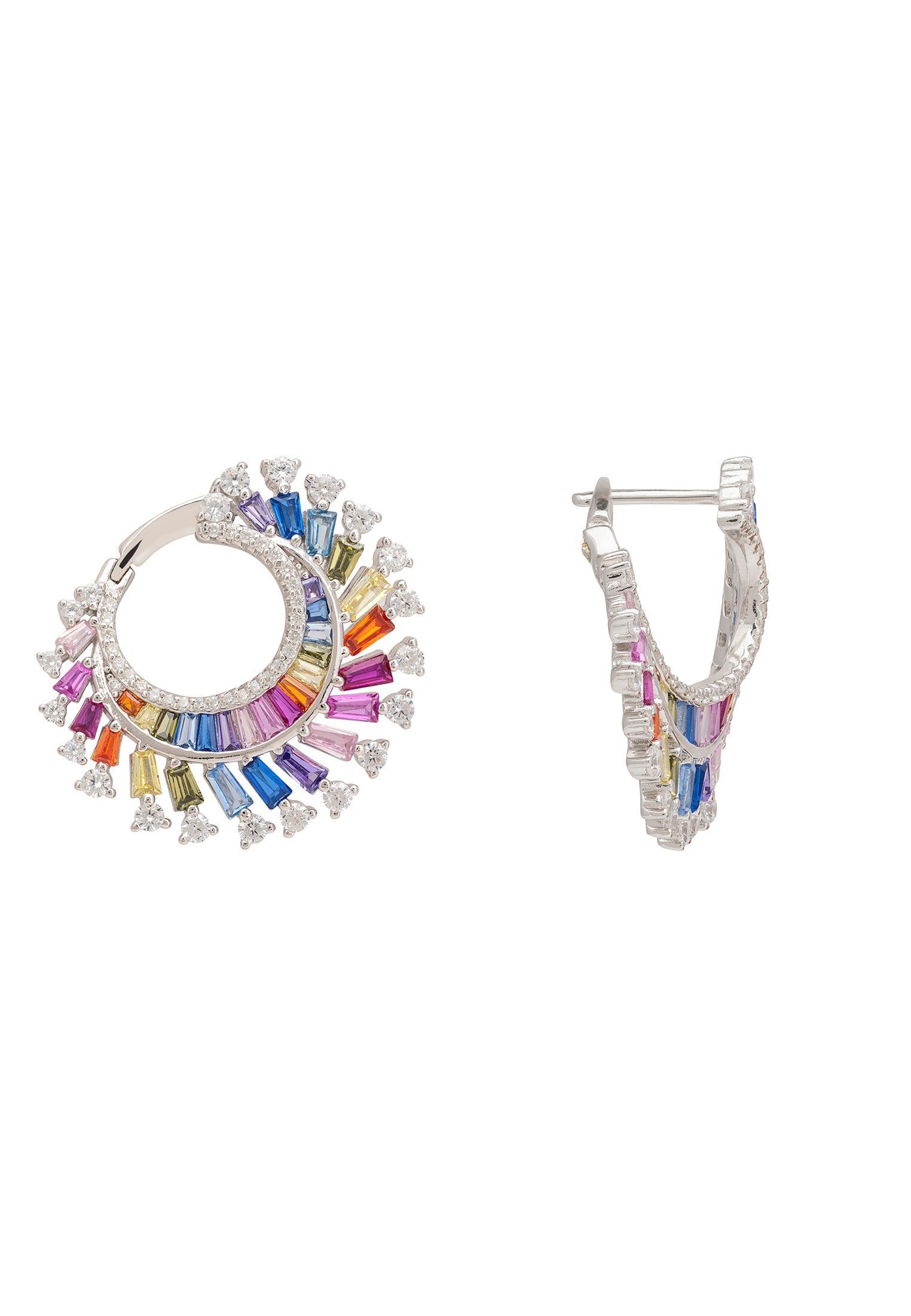Pair of hoop earrings with colorful gemstones on a white background