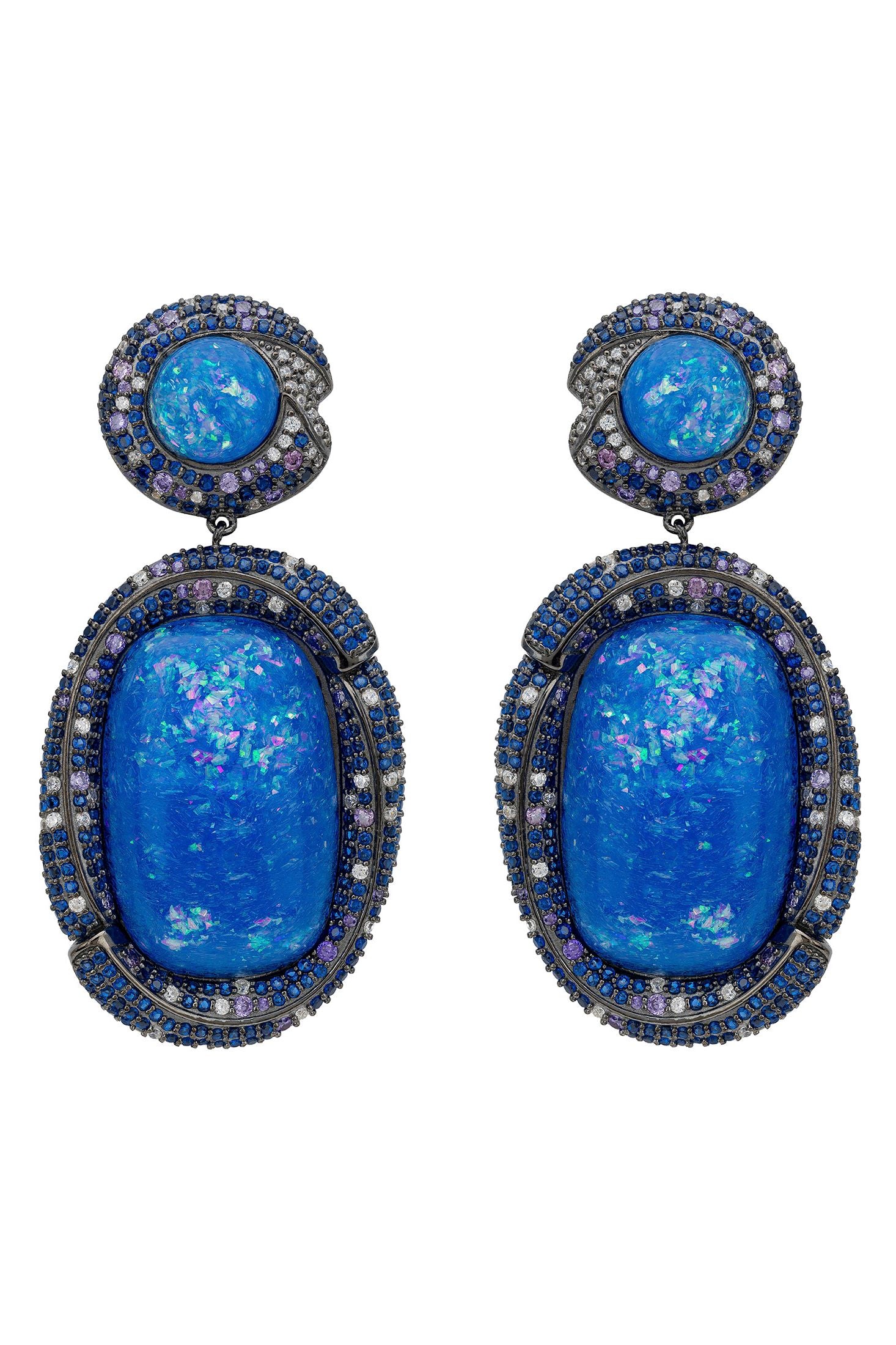 Front view of Fiorella Blue Opal Drop Earrings Silver Oxidised, showing heart design, zirconia and sapphire detailing, silver finish.
