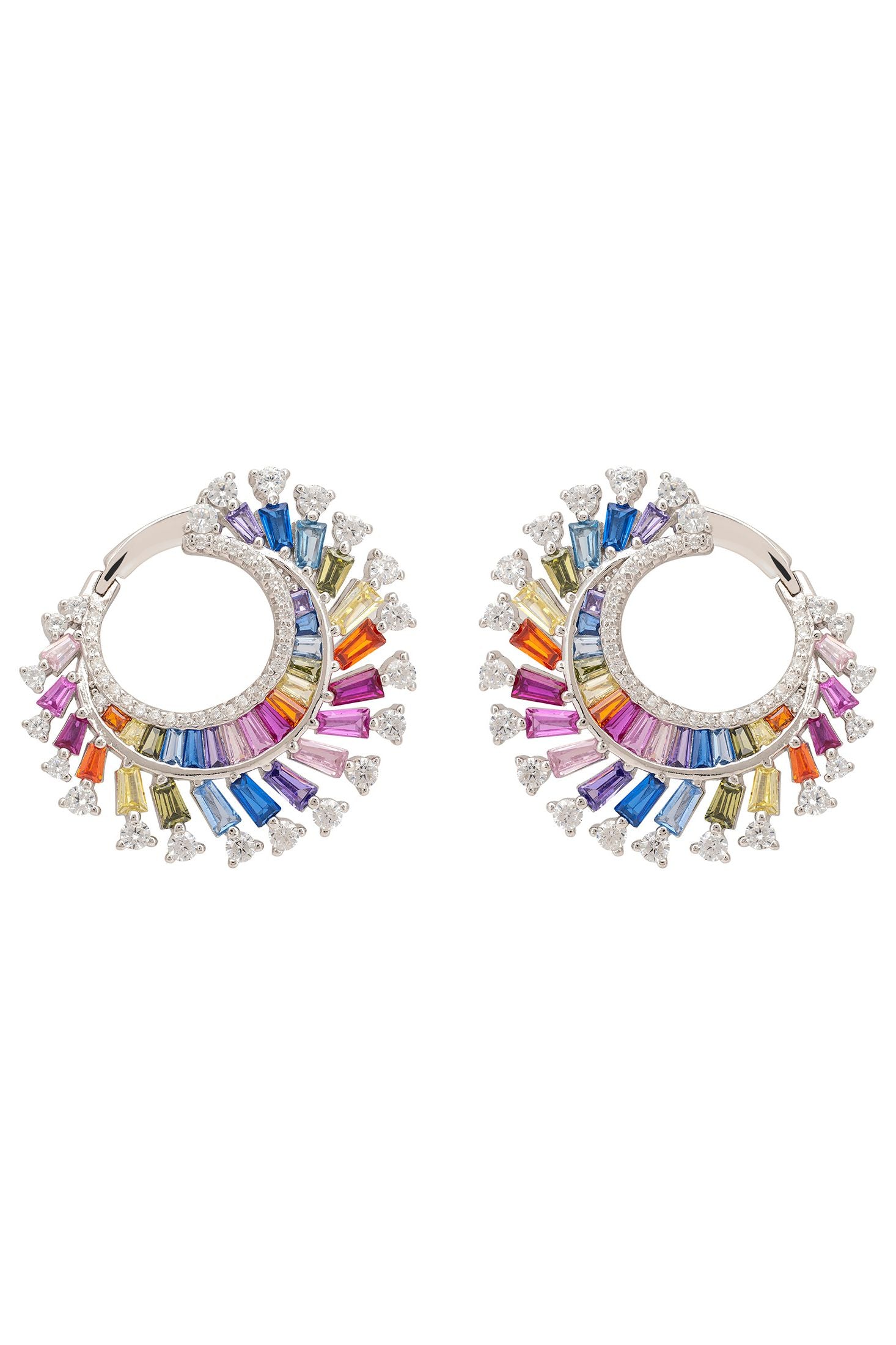 Multicolored hoop earrings on a white background
