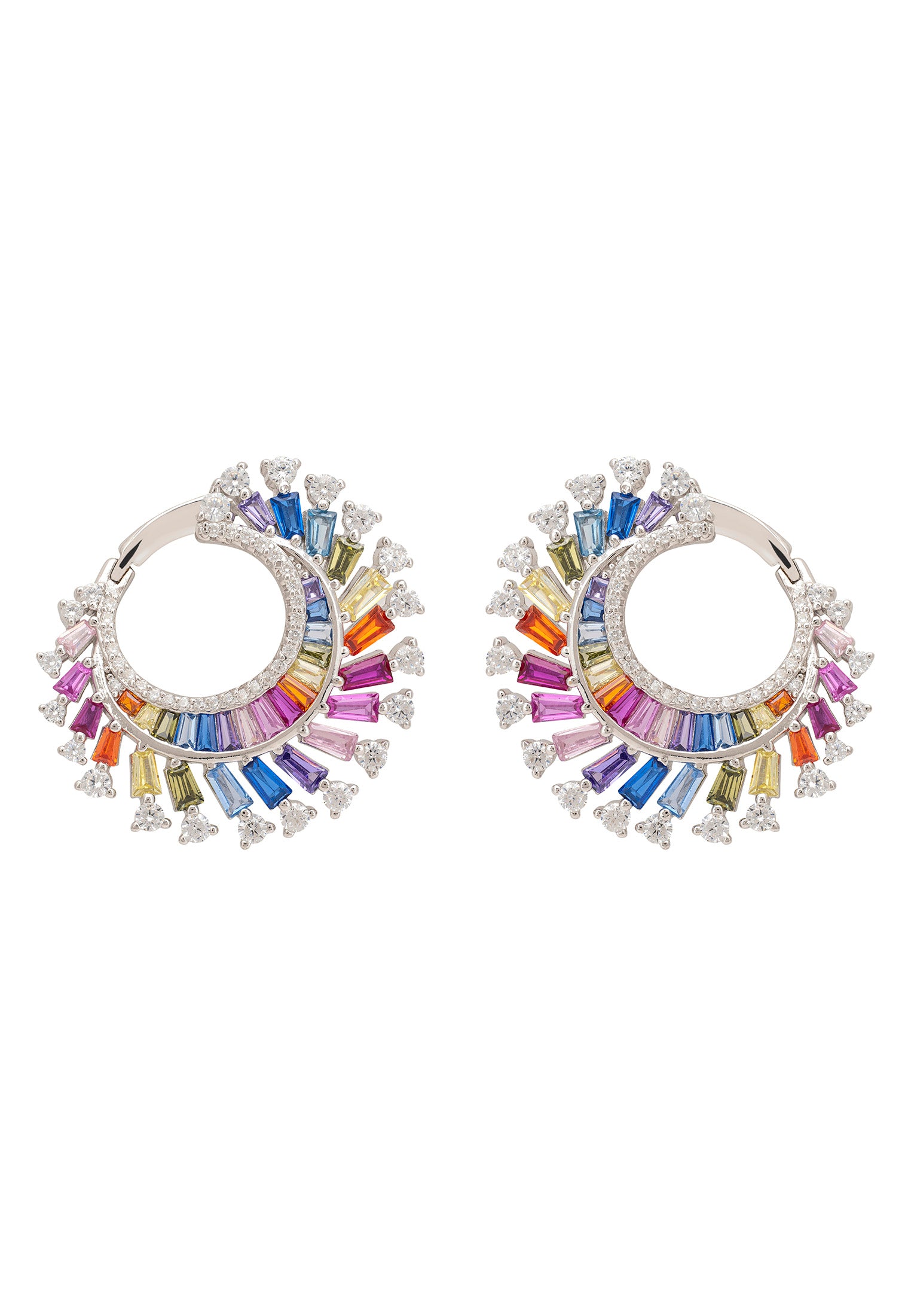 Multicolored hoop earrings on a white background