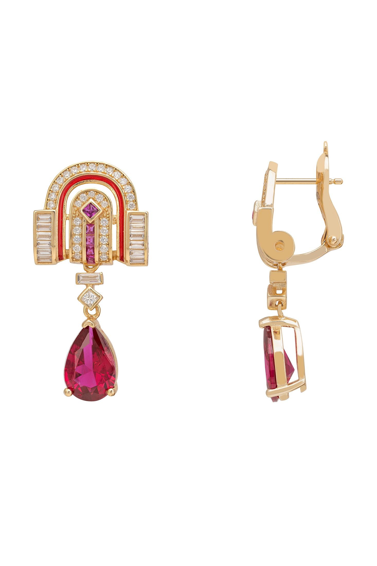 Gold earrings with red gemstones on a white background