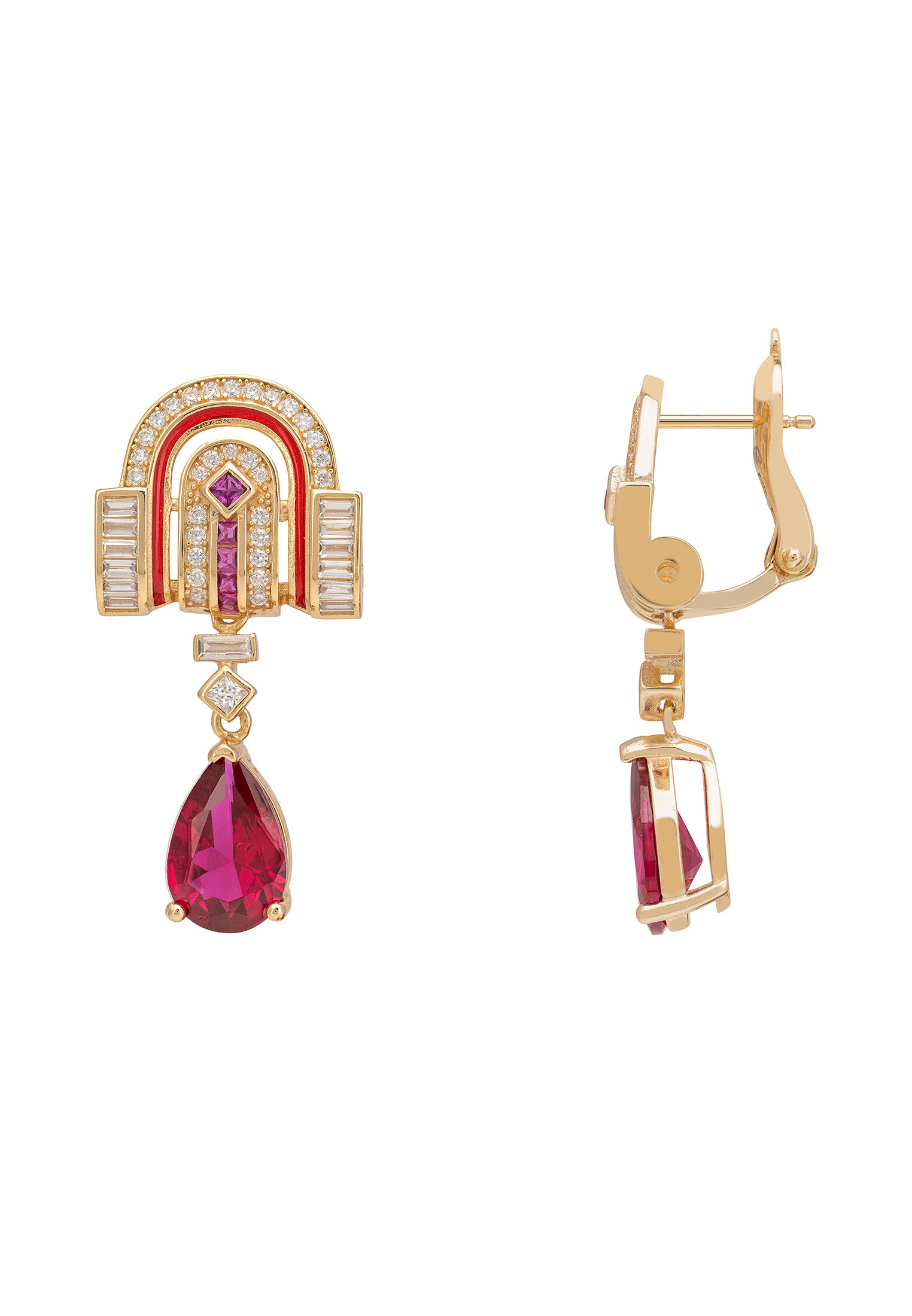 Gold earrings with red gemstones on a white background