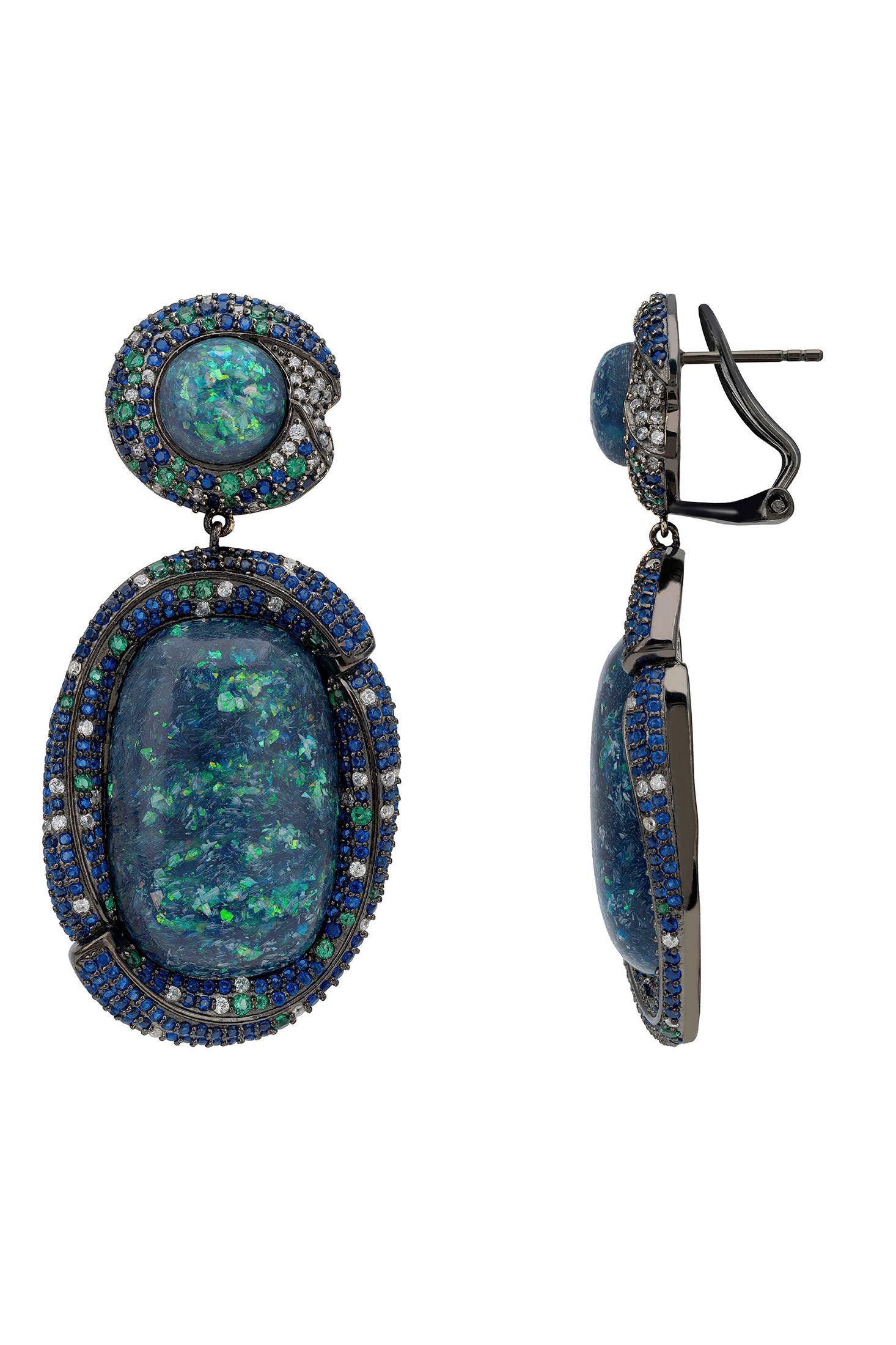 Angled view of Fiorella Green Opal Drop Earrings Silver Oxidised, showing silver finish and the jewellery profile.