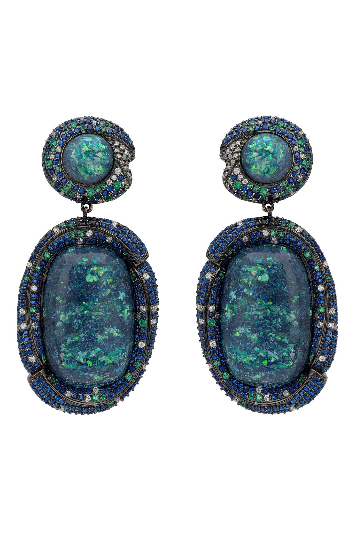 Front view of Fiorella Green Opal Drop Earrings Silver Oxidised, showing cat design, zirconia and sapphire detailing, silver finish.