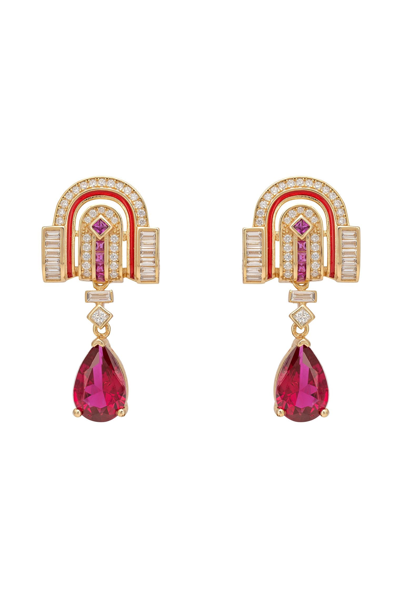 Savoy Art Deco Drop Earrings Ruby Gold