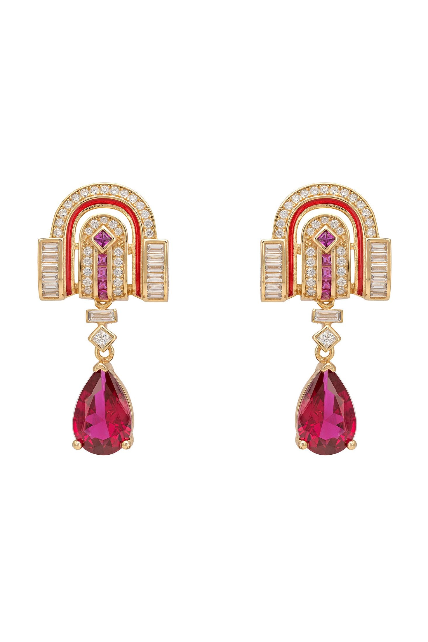 Pair of earrings with red gemstones and gold accents on a white background