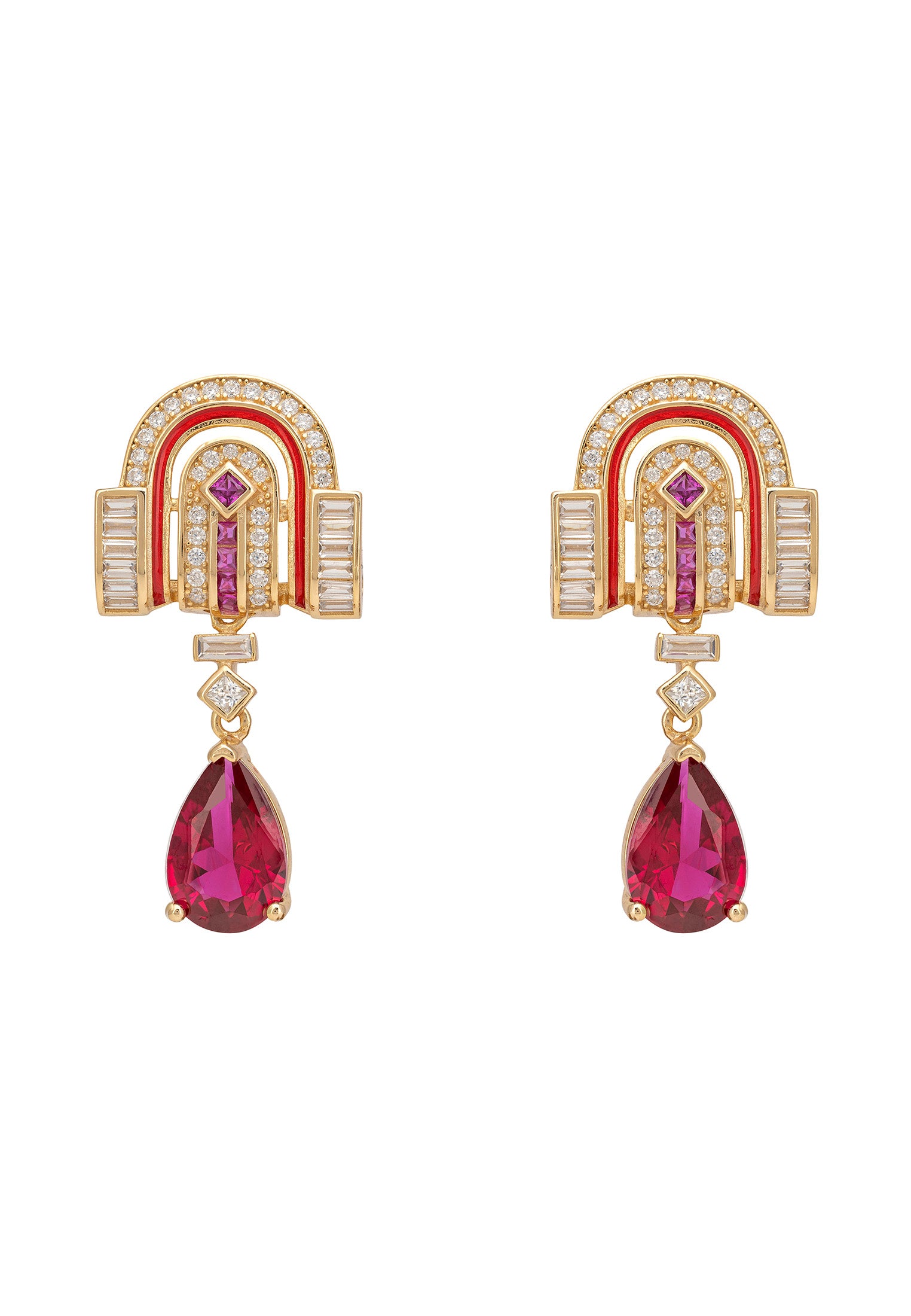 Pair of earrings with red gemstones and gold accents on a white background