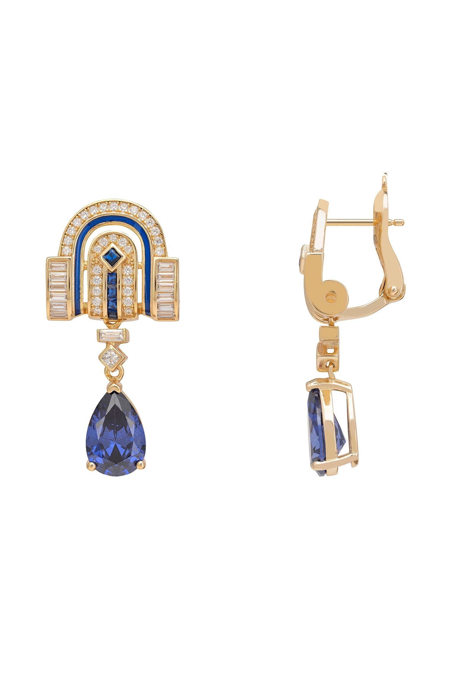 Gold earrings with blue gemstones on a white background