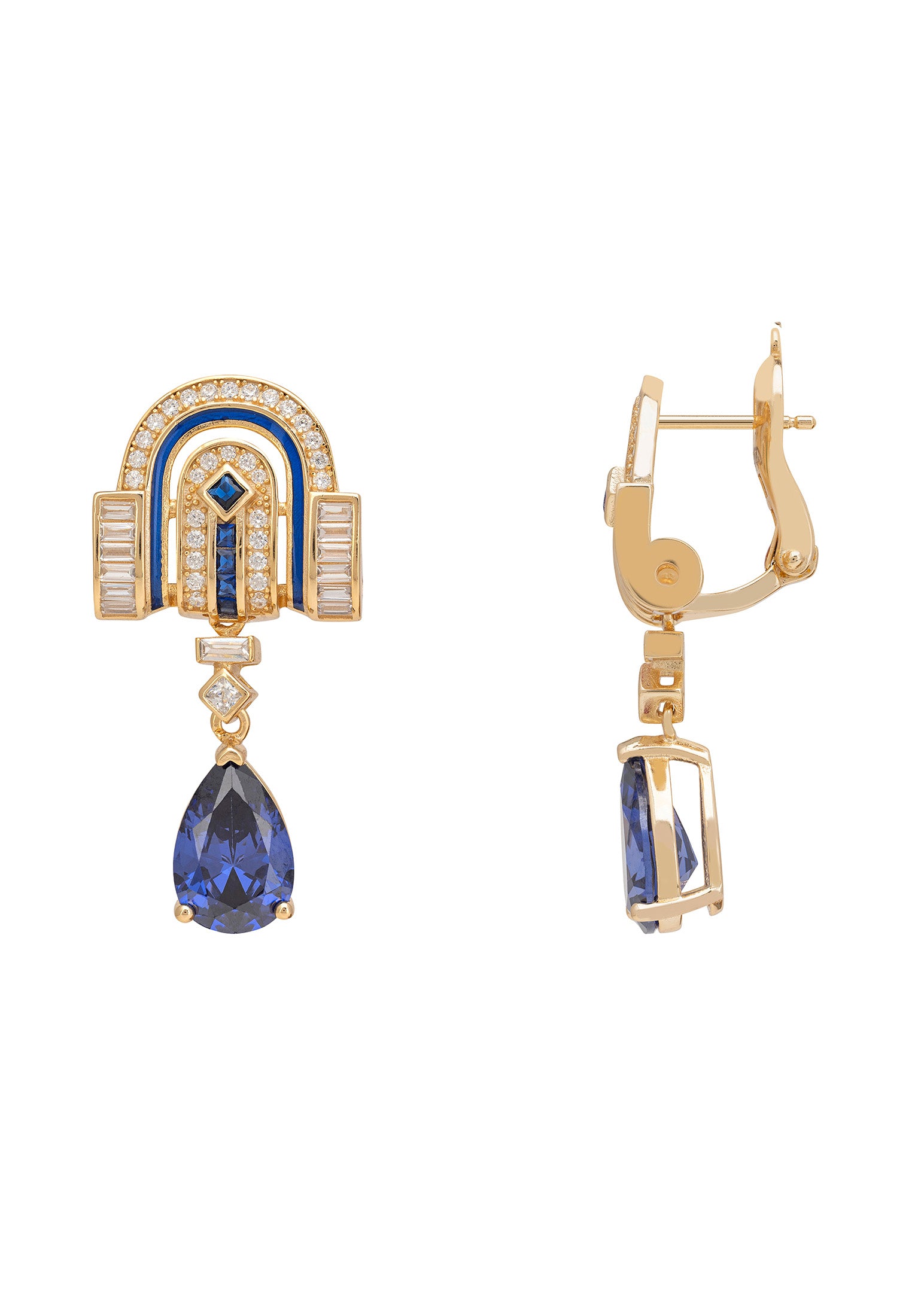 Gold earrings with blue gemstones on a white background