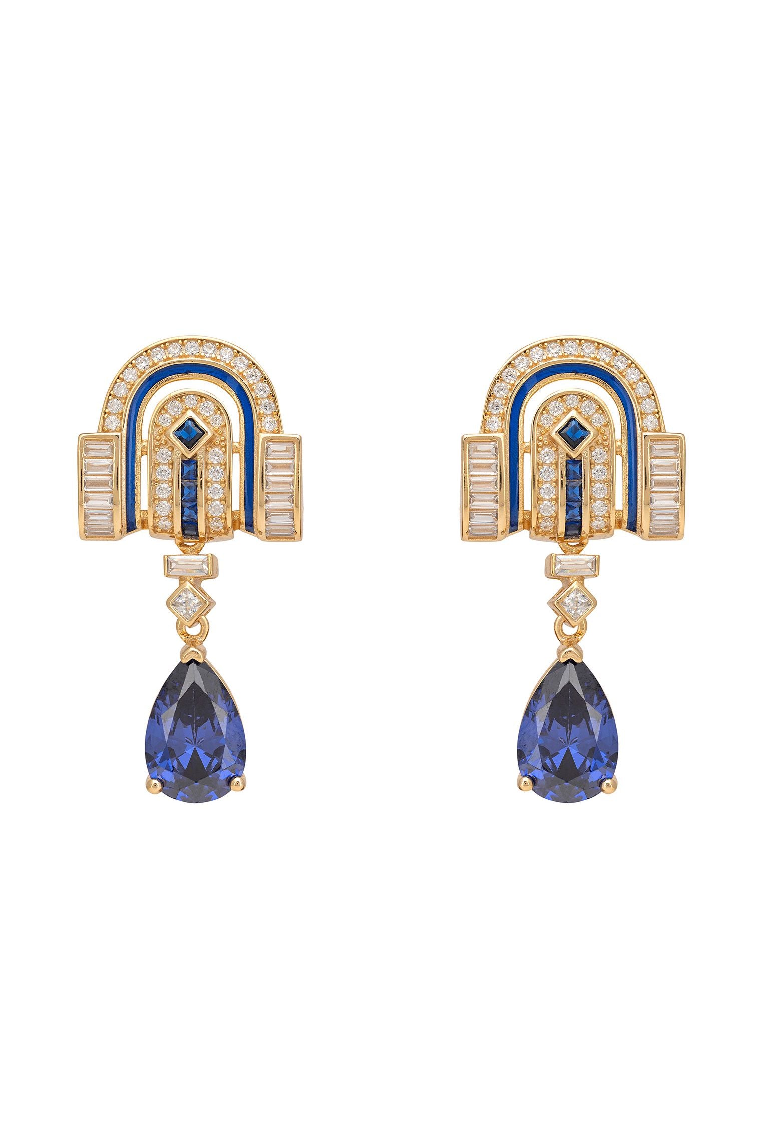 Savoy Art Deco Drop Earrings Sapphire Gold