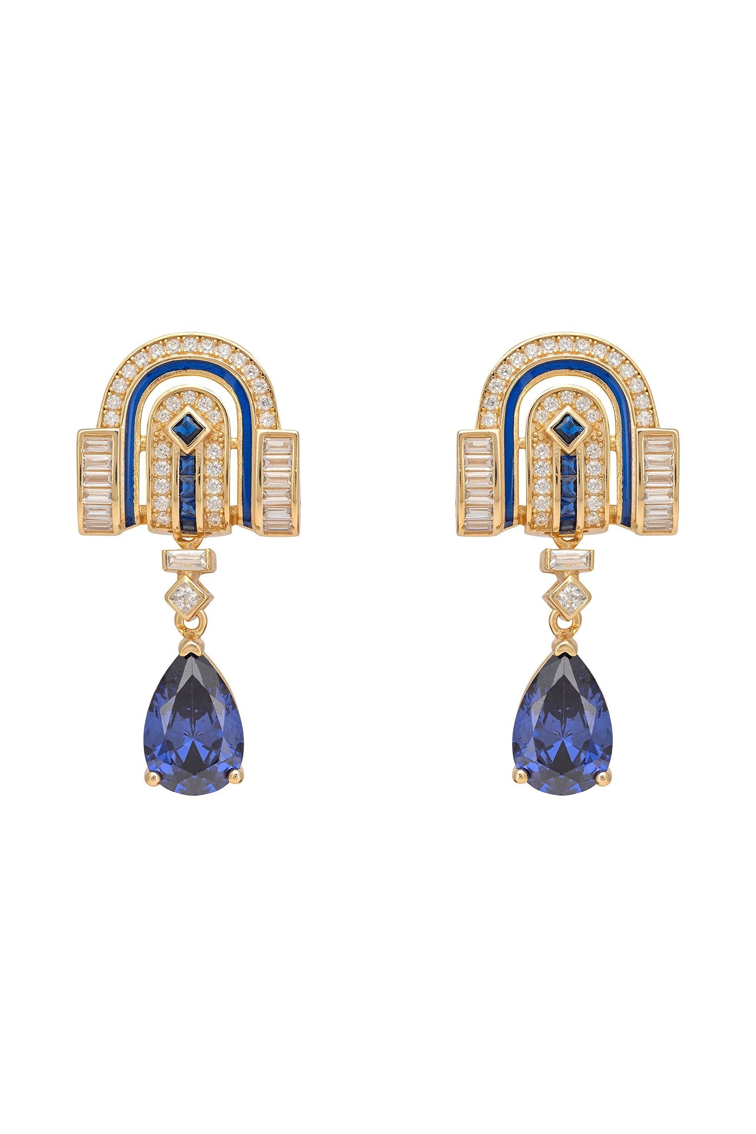 Pair of earrings with blue gemstones and gold accents on a white background