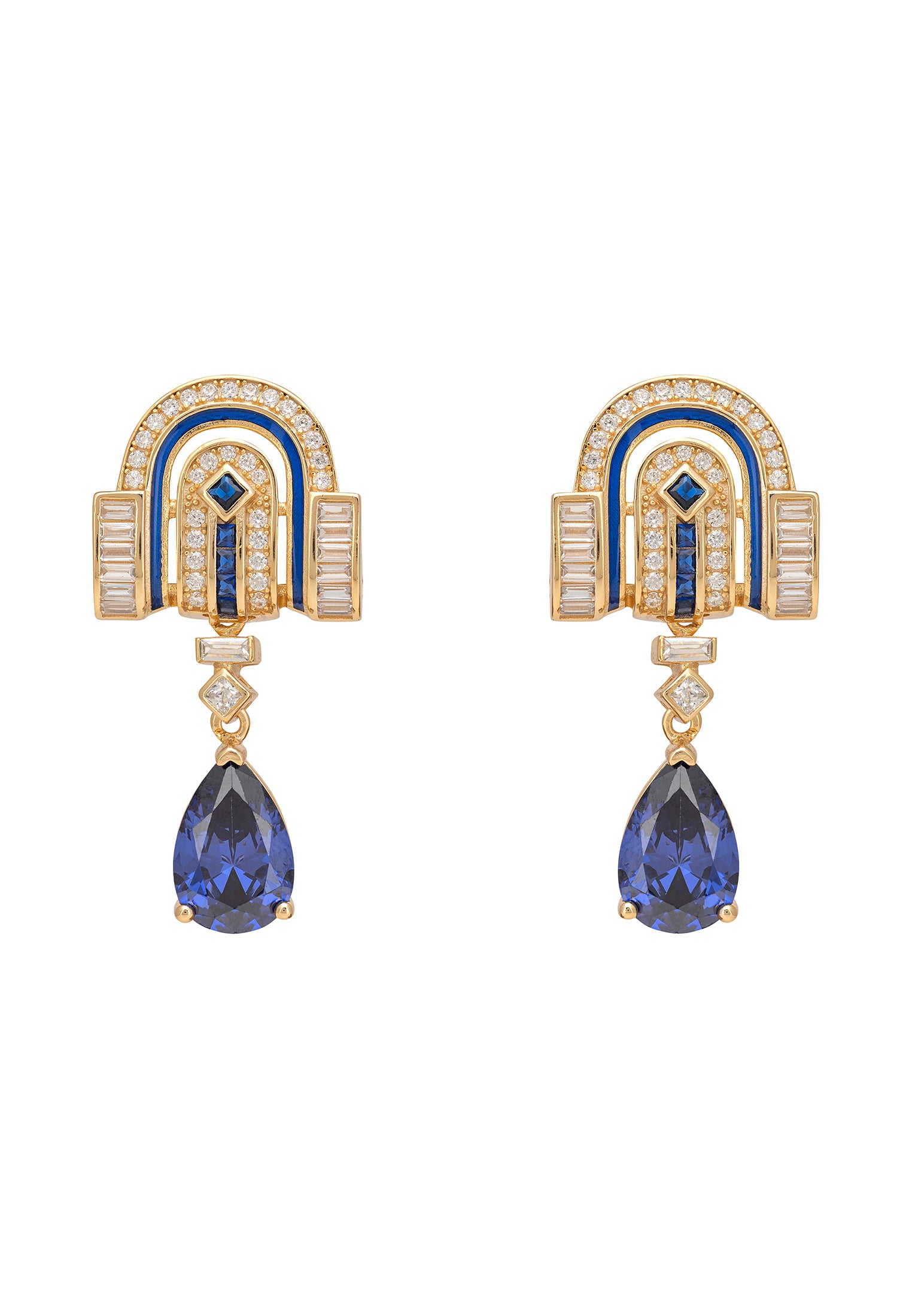 Pair of earrings with blue gemstones and gold accents on a white background