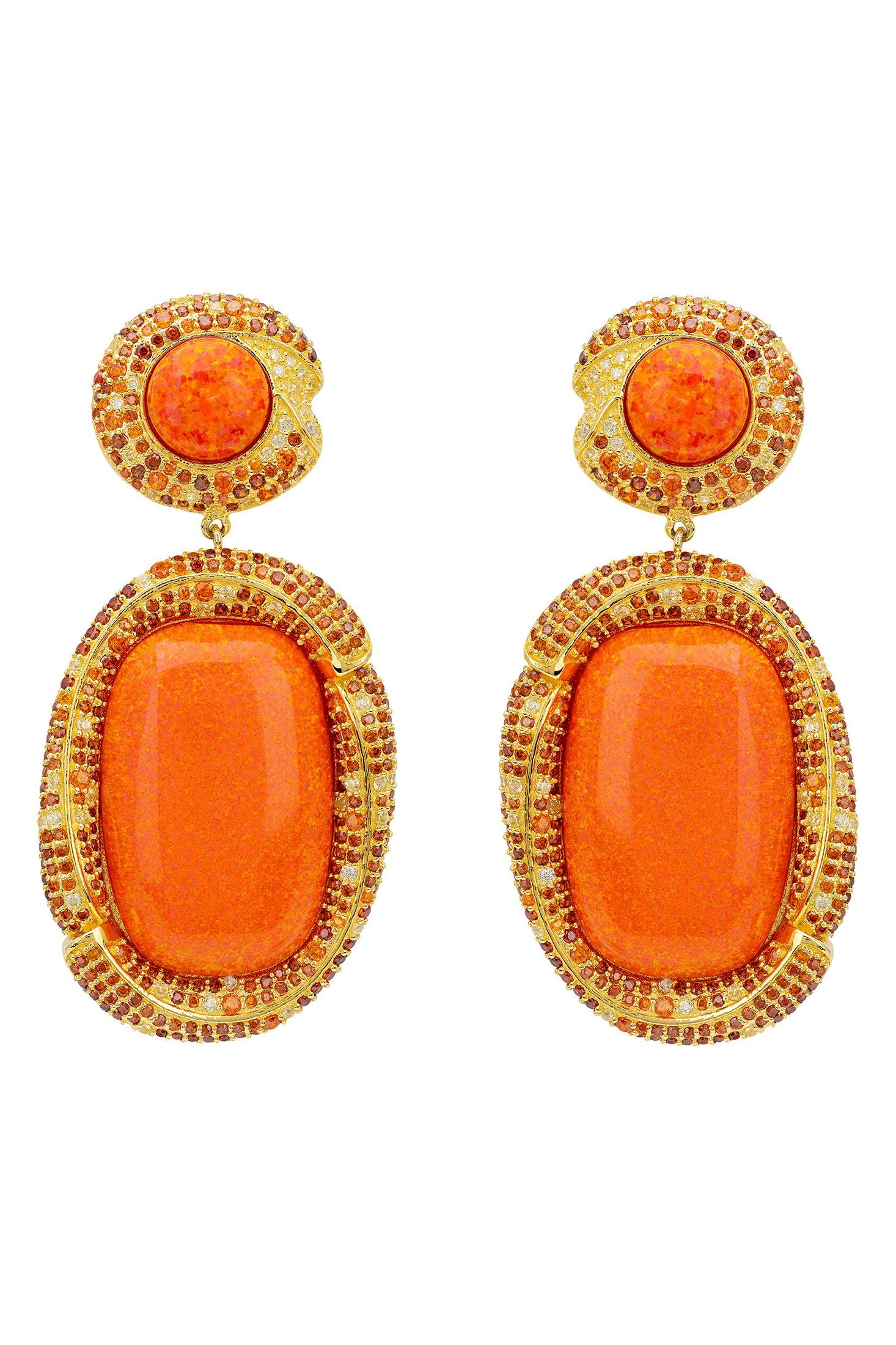 A pair of gold-tone drop earrings featuring large oval orange cabochon stones surrounded by small gold and orange rhinestone borders, with smaller matching round orange stones at the top.