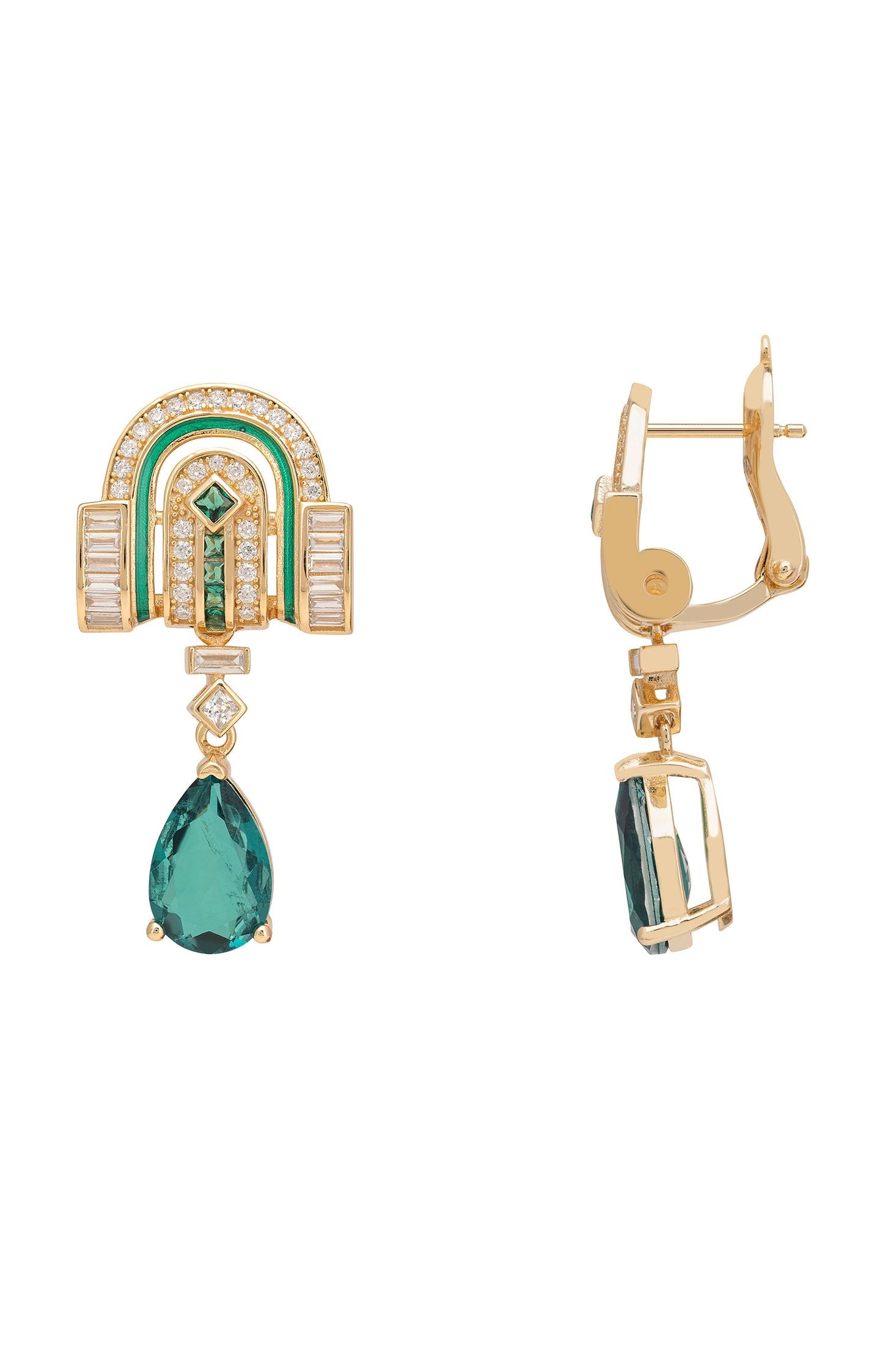 Gold earrings with green gemstones on a white background