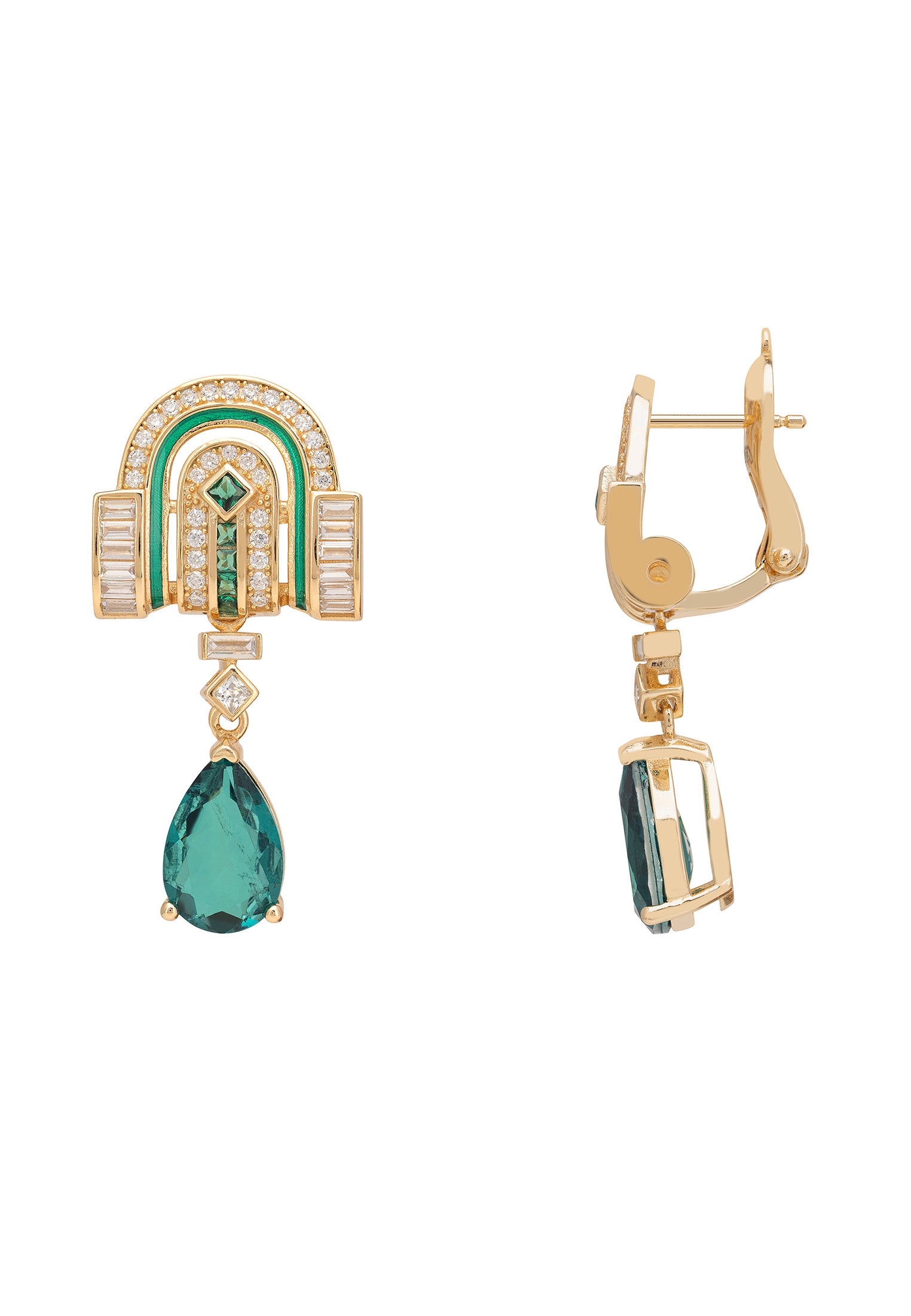 Gold earrings with green gemstones on a white background