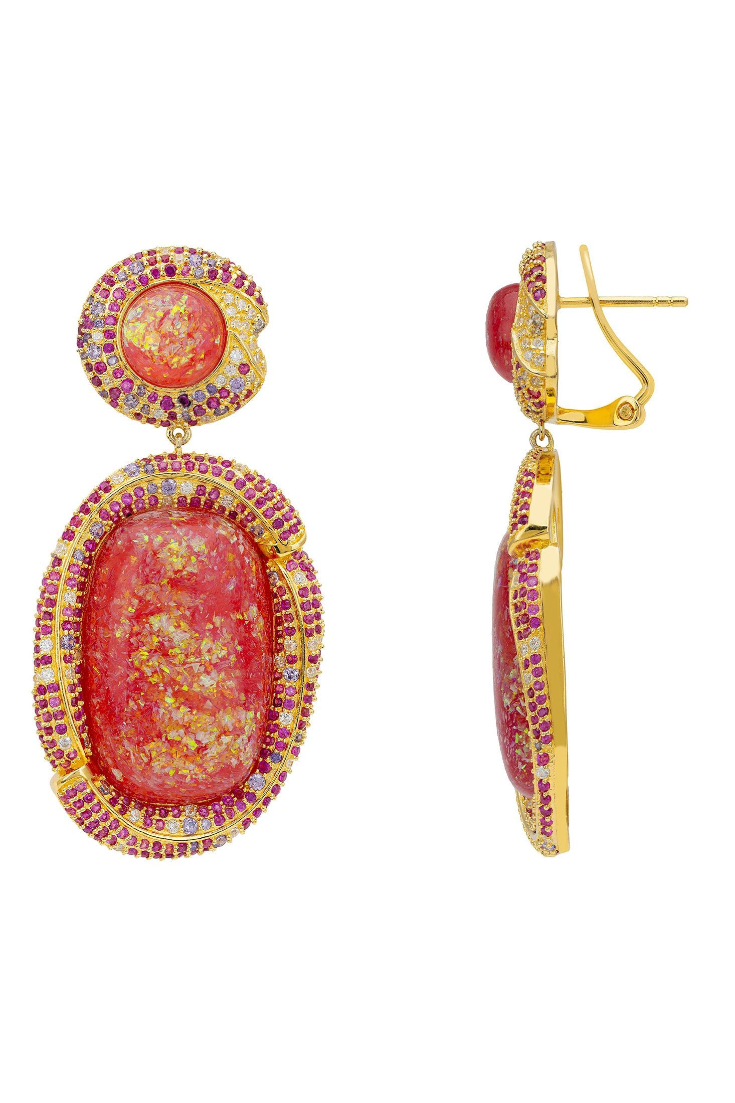 Angled view of Fiorella Pink Opal Drop Earrings Gold, showing gold finish and the jewellery profile.