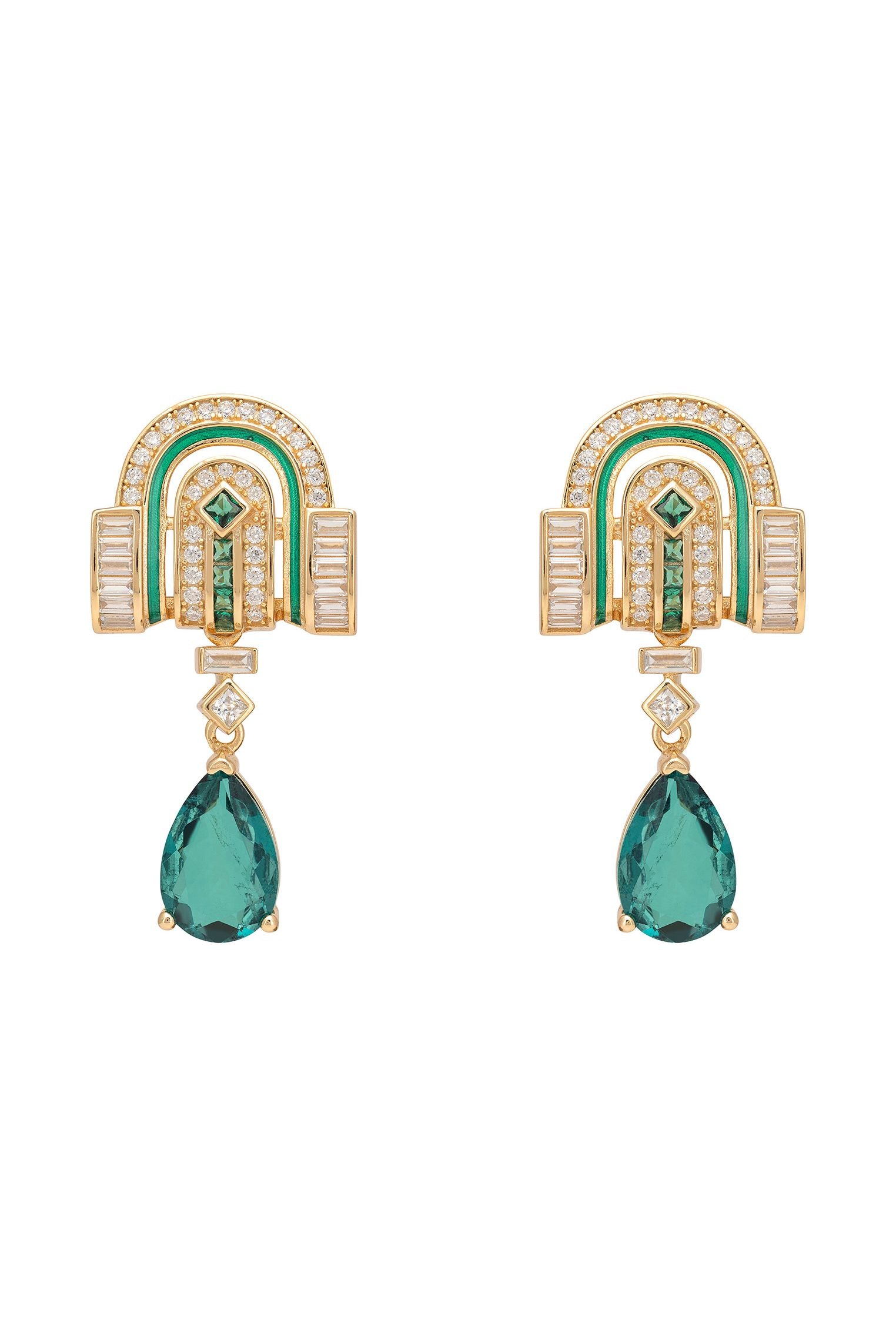 Savoy Art Deco Drop Earrings Emerald Gold